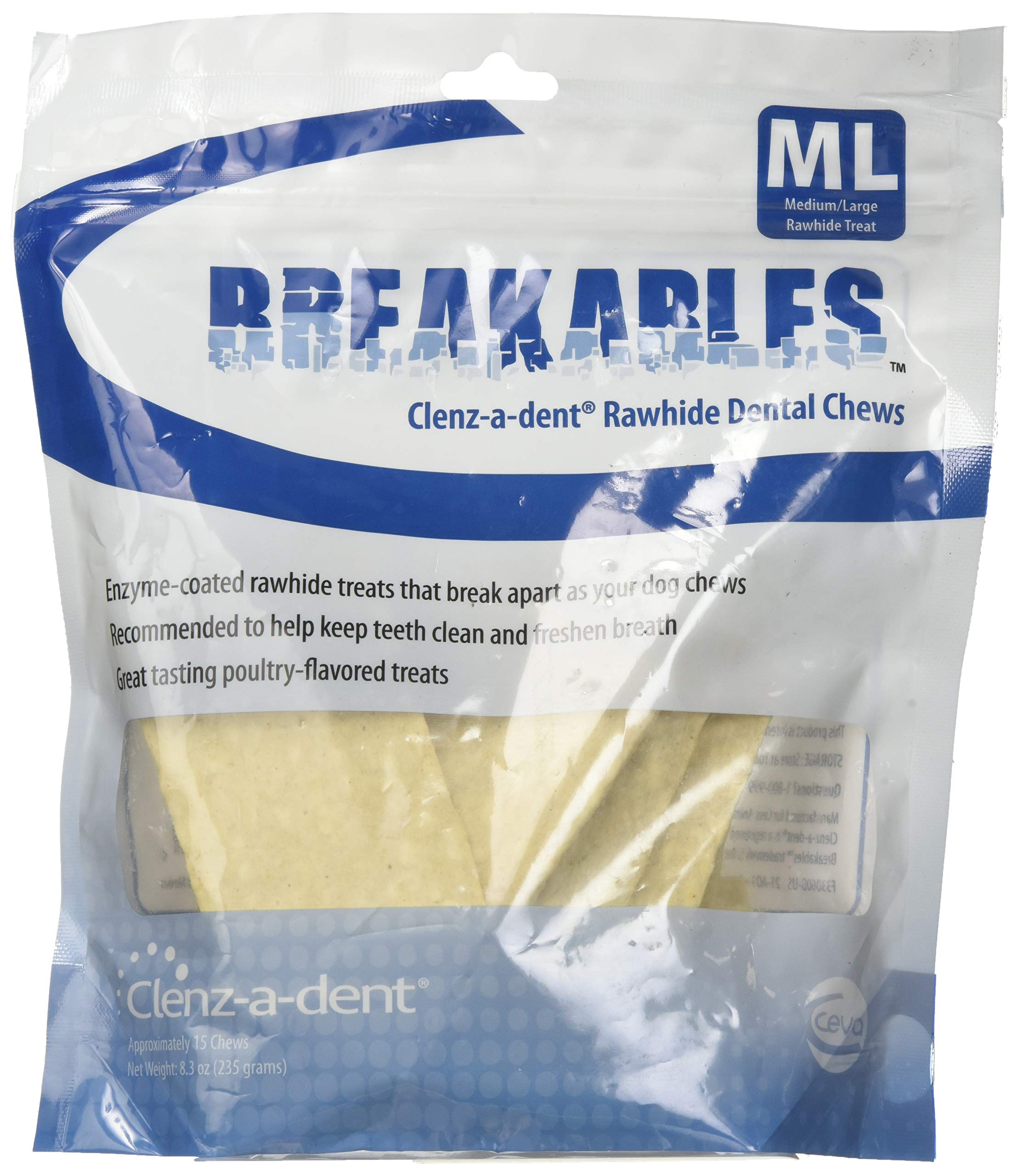 CEVA Animal Health Breakables ClenzADent Rawhide Dental Chews for Dogs, Medium/Large/1150 lb/15 Count
