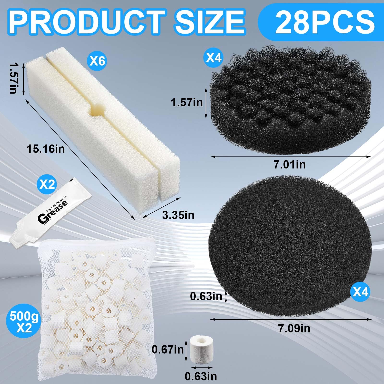 Threlaco Aquarium Filter Media Kit - 24 Pcs Compatible with Fluval Fx4/Fx5/Fx6 - Bio-Sponge Pads, Activated Carbon, Ceramic Rings