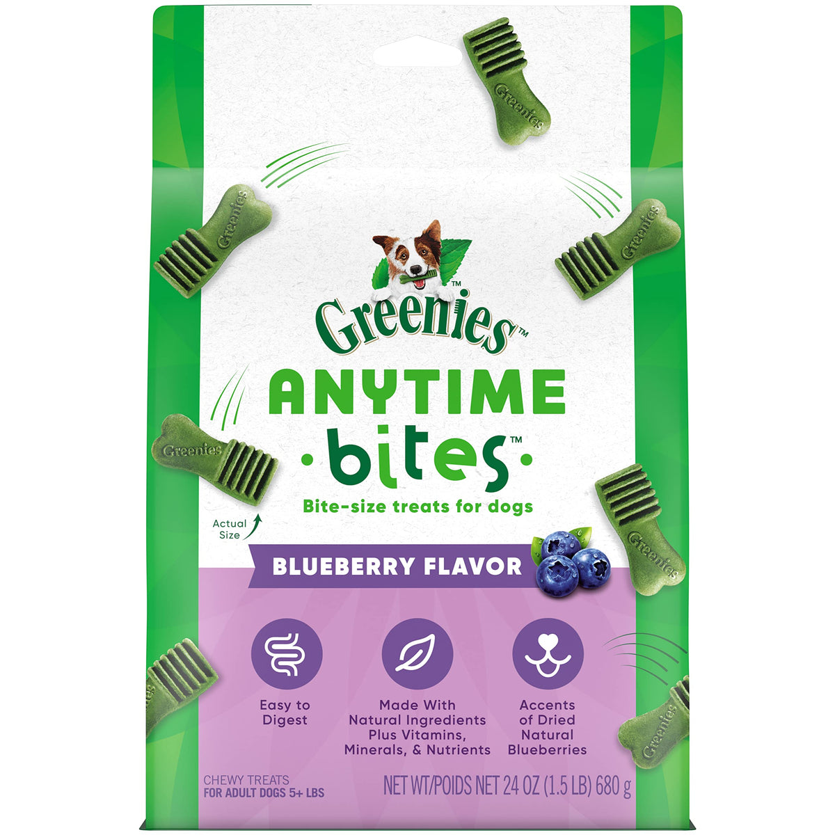 Greenies Anytime Bites Dog Treats, Blueberry Flavor, 24 Oz. Bag