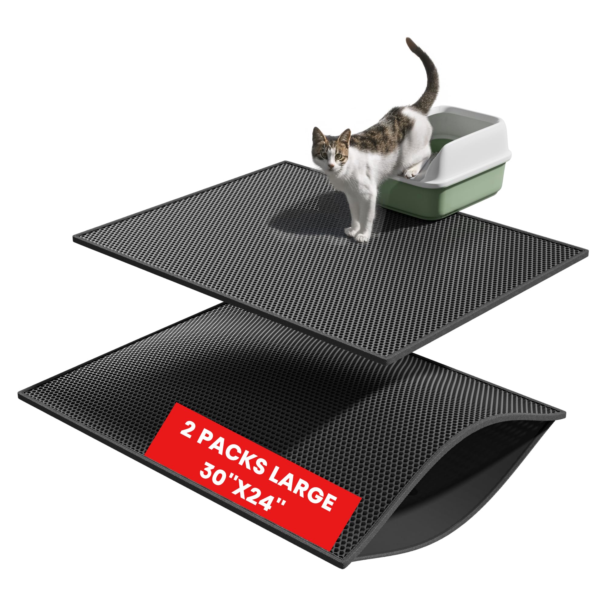 Pieviev 2 Packs Cat Litter Mat Double Layer Waterproof Urine Proof Trapping Mat (30'X24', Black)