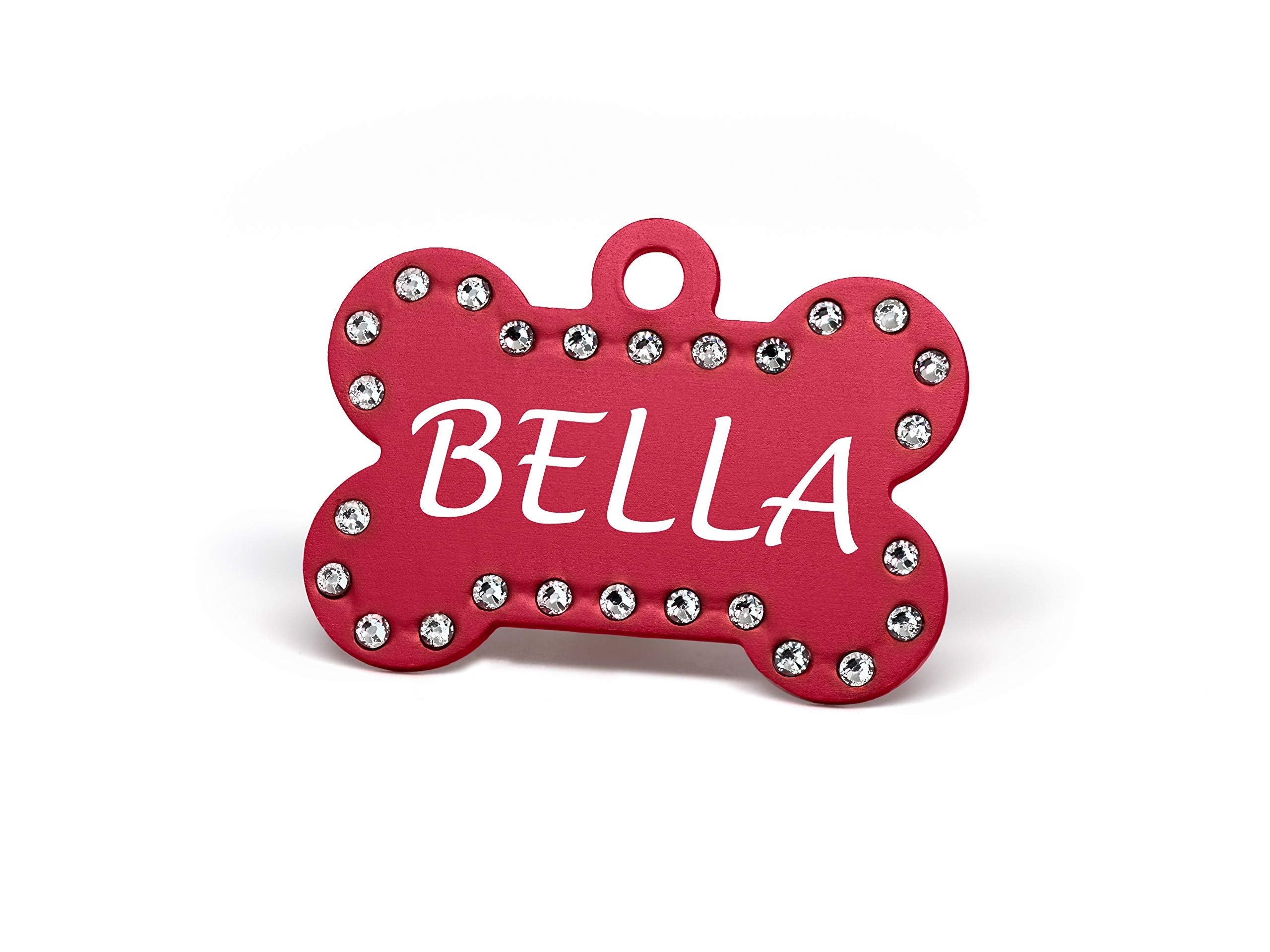 Custom Engraved Pet Id Tags With Swarovski Crystal - 1.5'' Long X 1'' Tall, Anodized Aluminum, Bone Shape, Red