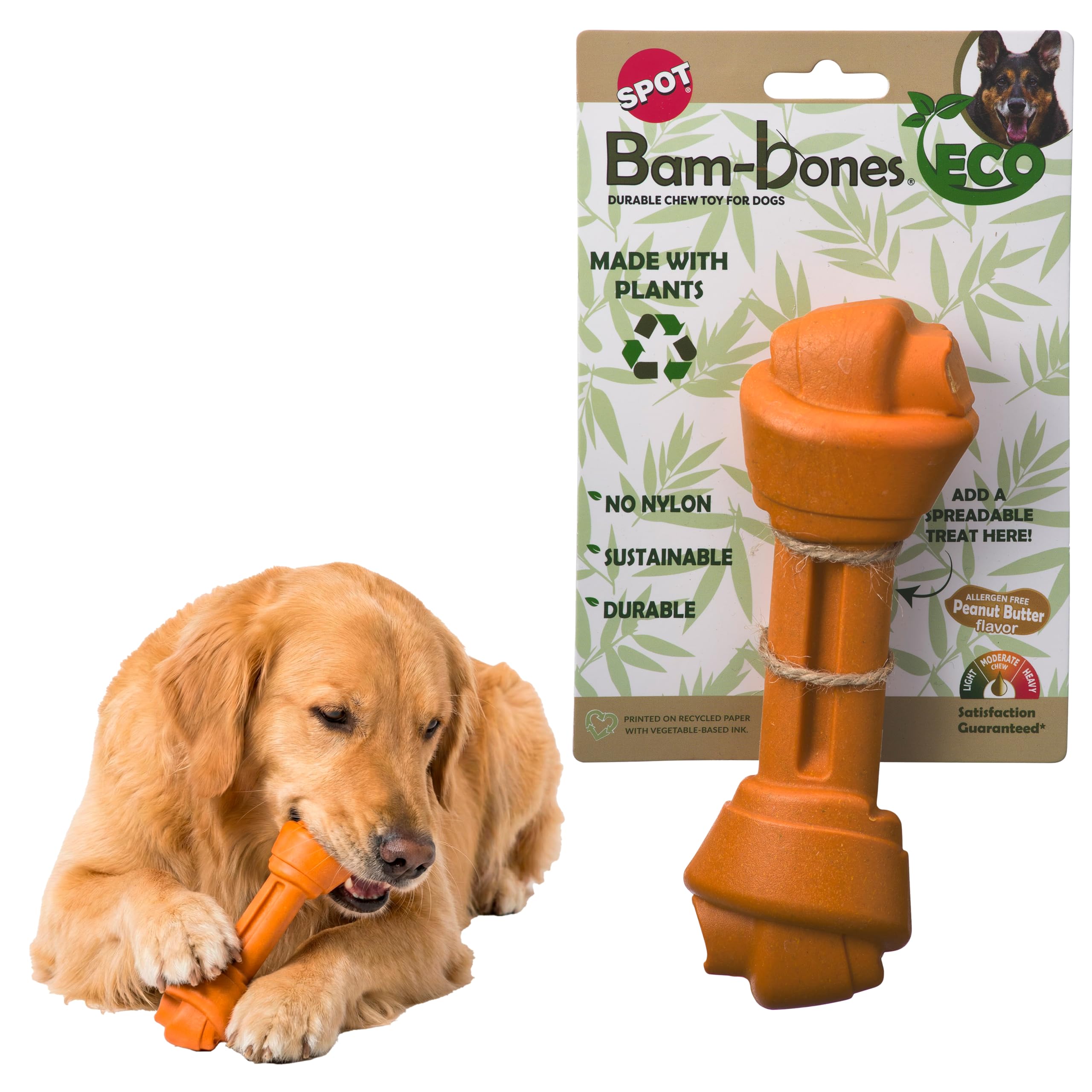 SPOT Bam-Bones Eco Knotted Bone, Peanut Butter Flavor, Durable Plant-Based Nylon-Free Dog Chew Toy, for Moderate Chewers up to 7