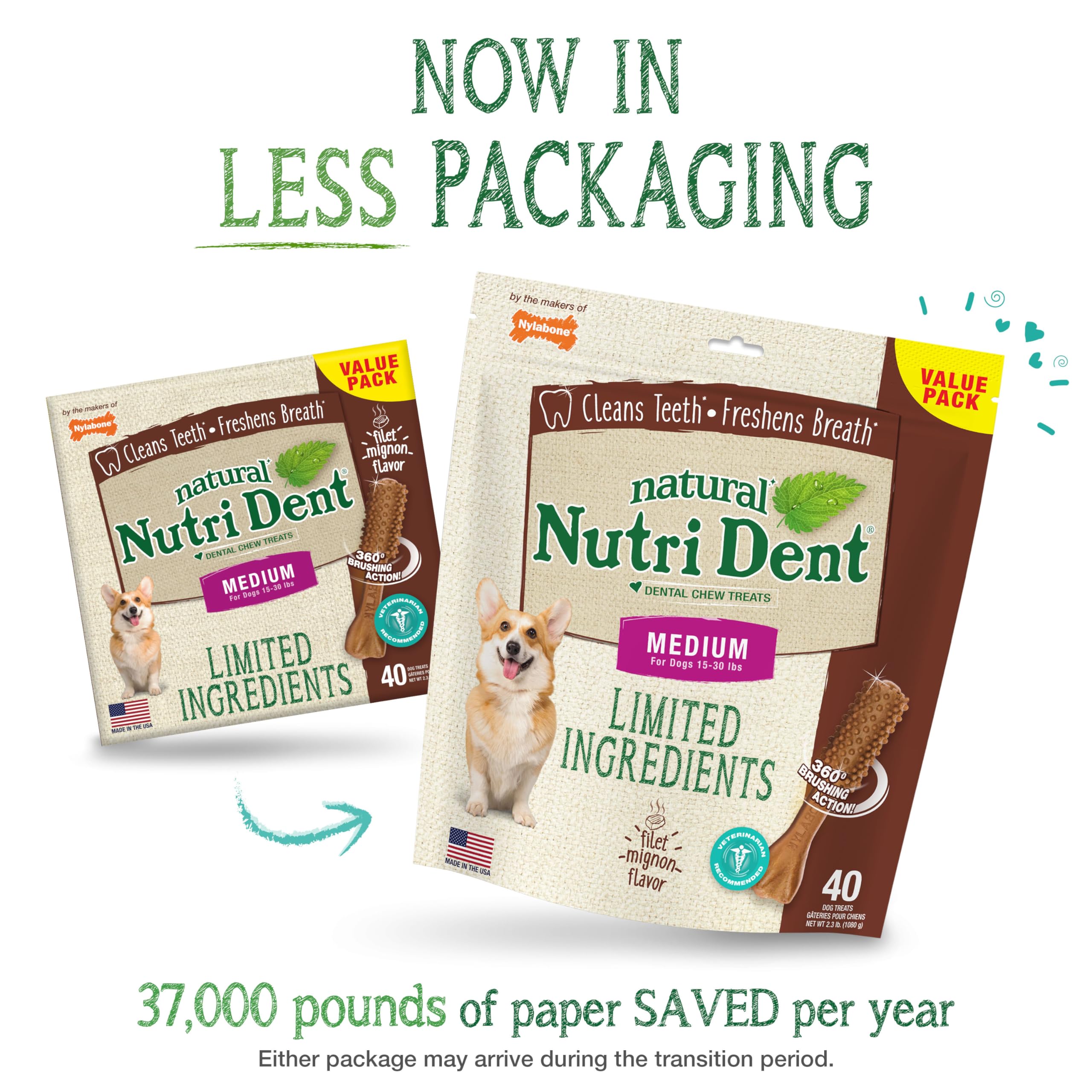 Nylabone Nutri Dent Dog Dental Chews, Natural Teeth Cleaning Dental Treats & Breath Freshener for Dogs, Filet Mignon Flavor, Med