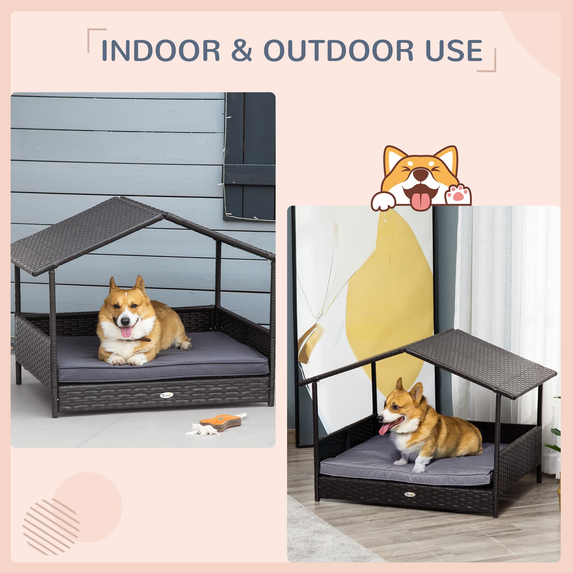 PawHut Wicker Dog House Elevated Raised Rattan Bed for Indoor/Outdoor with Removable Cushion Lounge, Grey