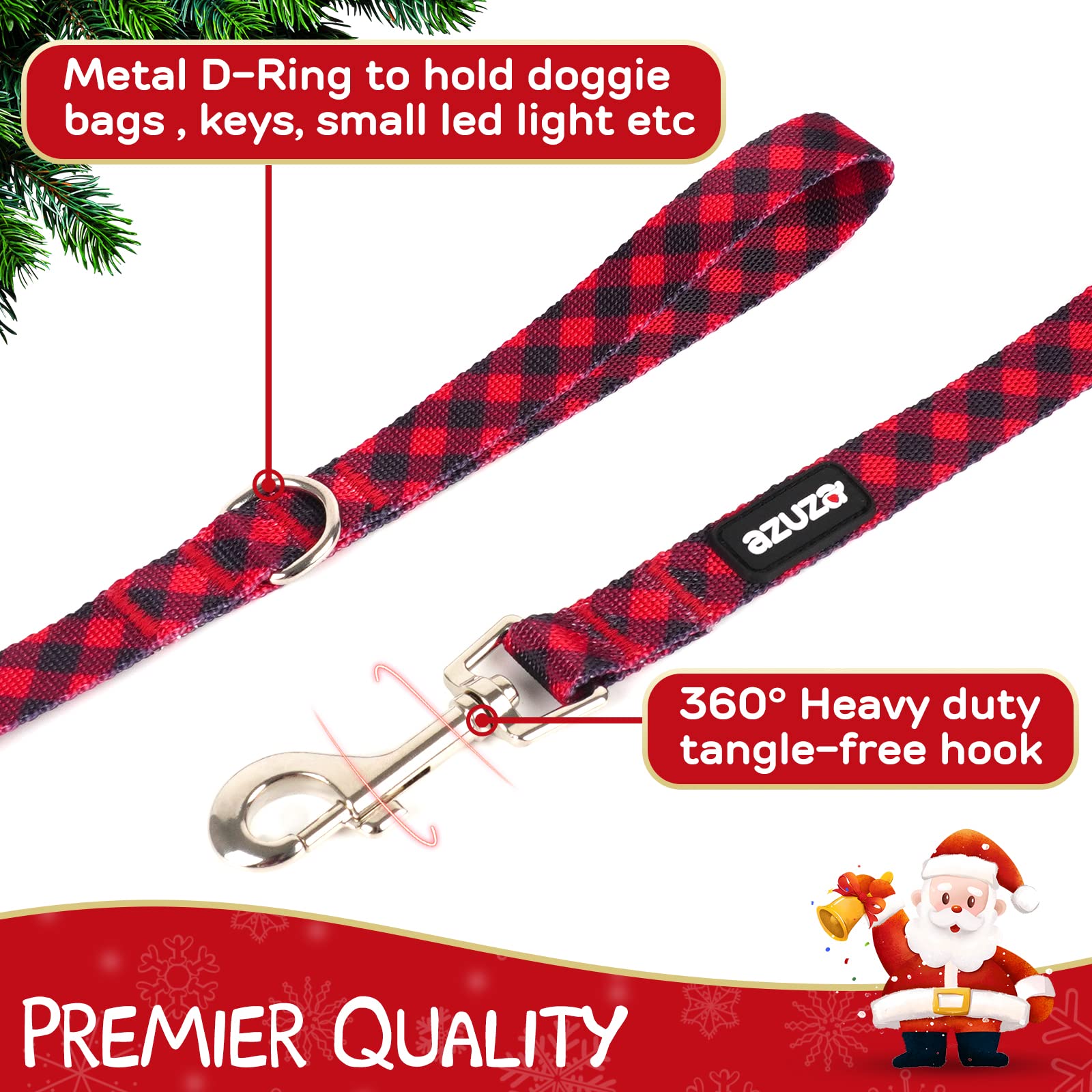 Azuza 3 Pack Christmas Nylon Dog Leashes Strong & Durable Buffalo Check Basic Dog Leash With Easy To Use Collar Hook For Large D