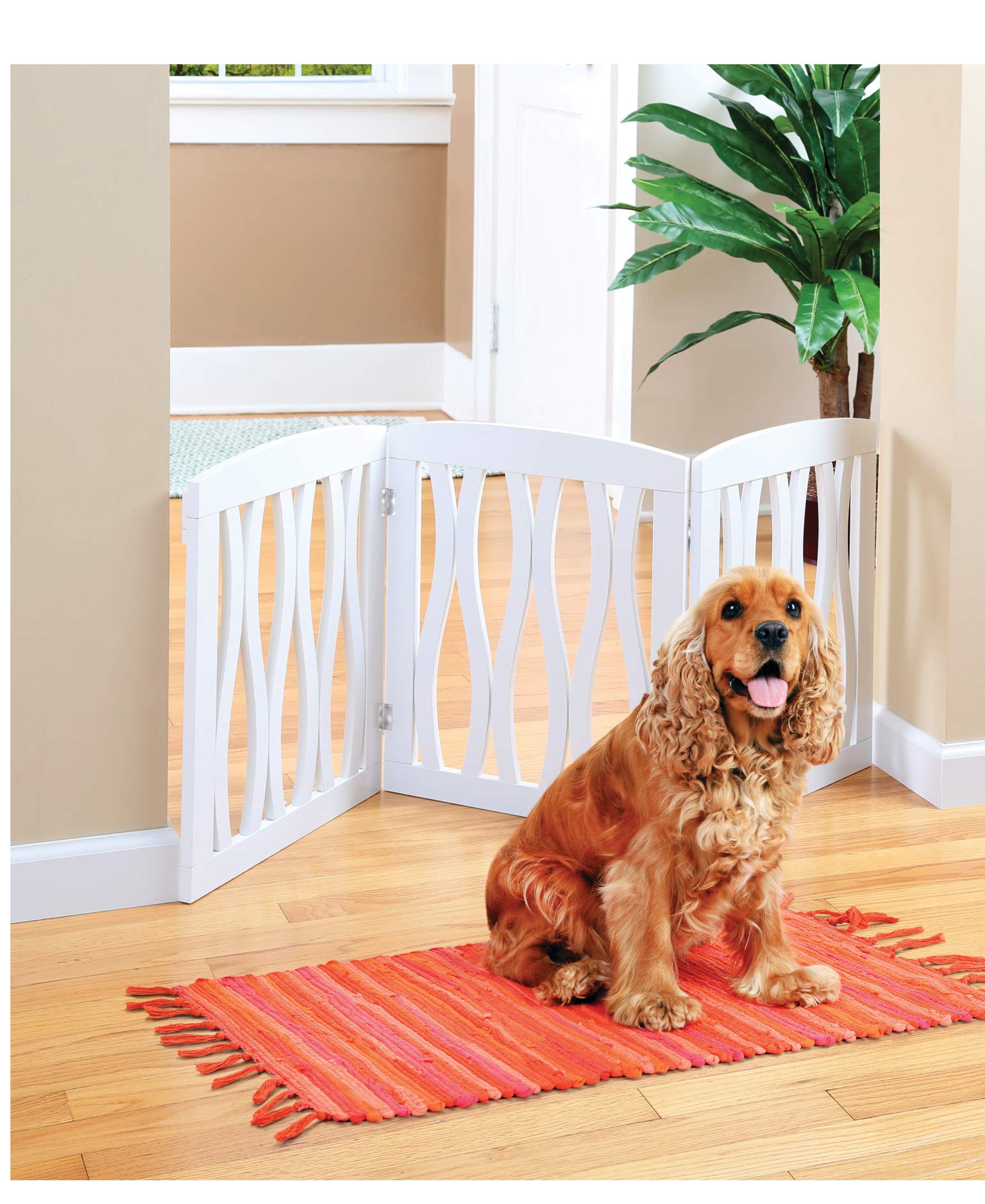 Zoogamo 3 Panel White Wooden Waves Design Pet Gate  Freestanding Tri Fold Durable Wooden Dog Fence  Indoor/Outdoor Barrier for