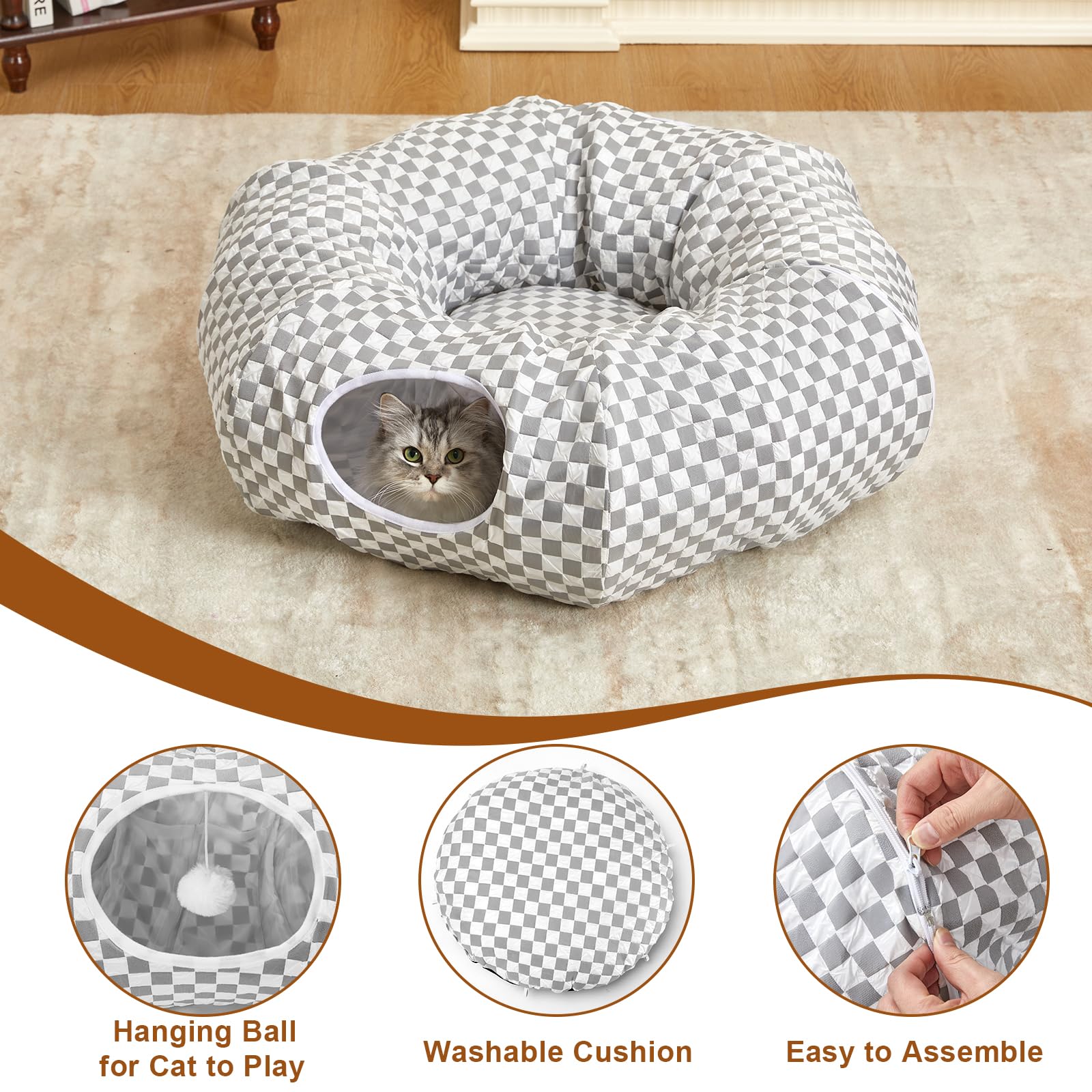 Bininl Tunnel Bed For Indoor Cats Peekaboo Cave Donut For Cat With Washable Circle Cushion Interior Cat Play Tunnel(Light Grey)