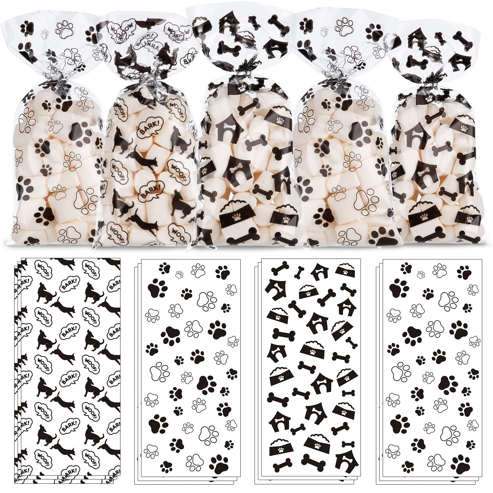 Whaline 150Pcs Dog Paw Cellophane Bags with 150Pcs Twist Ties Pet Paw Bone Print Cello Bags Clear Goodie Treat Bags Pet Theme Pa