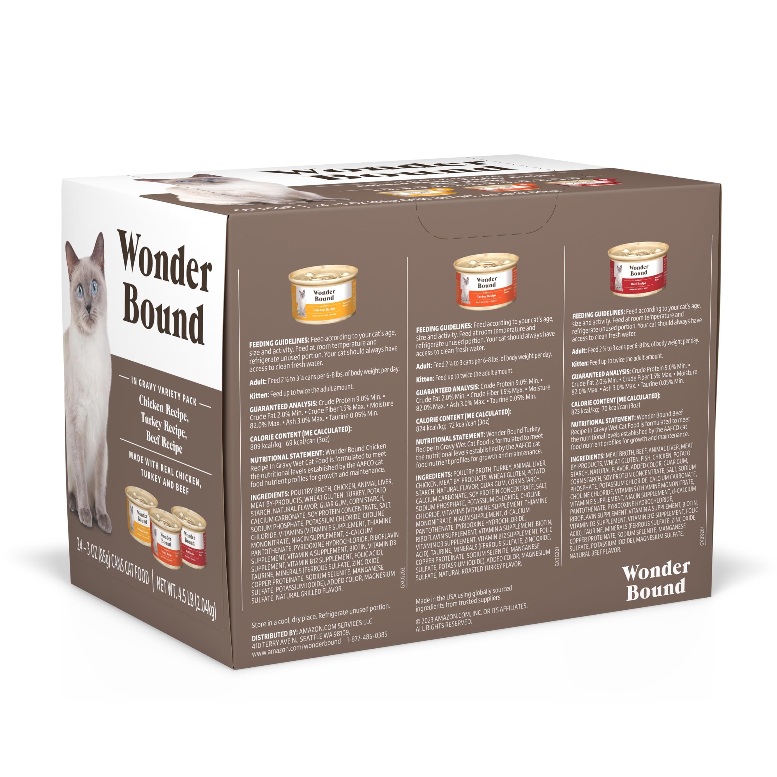 Amazon Brand - Wonder Bound Gourmet Wet Cat Food in Gravy Variety Pack (Turkey, Chicken, Beef), Poultry, Made in USA, 3 Ounce (P