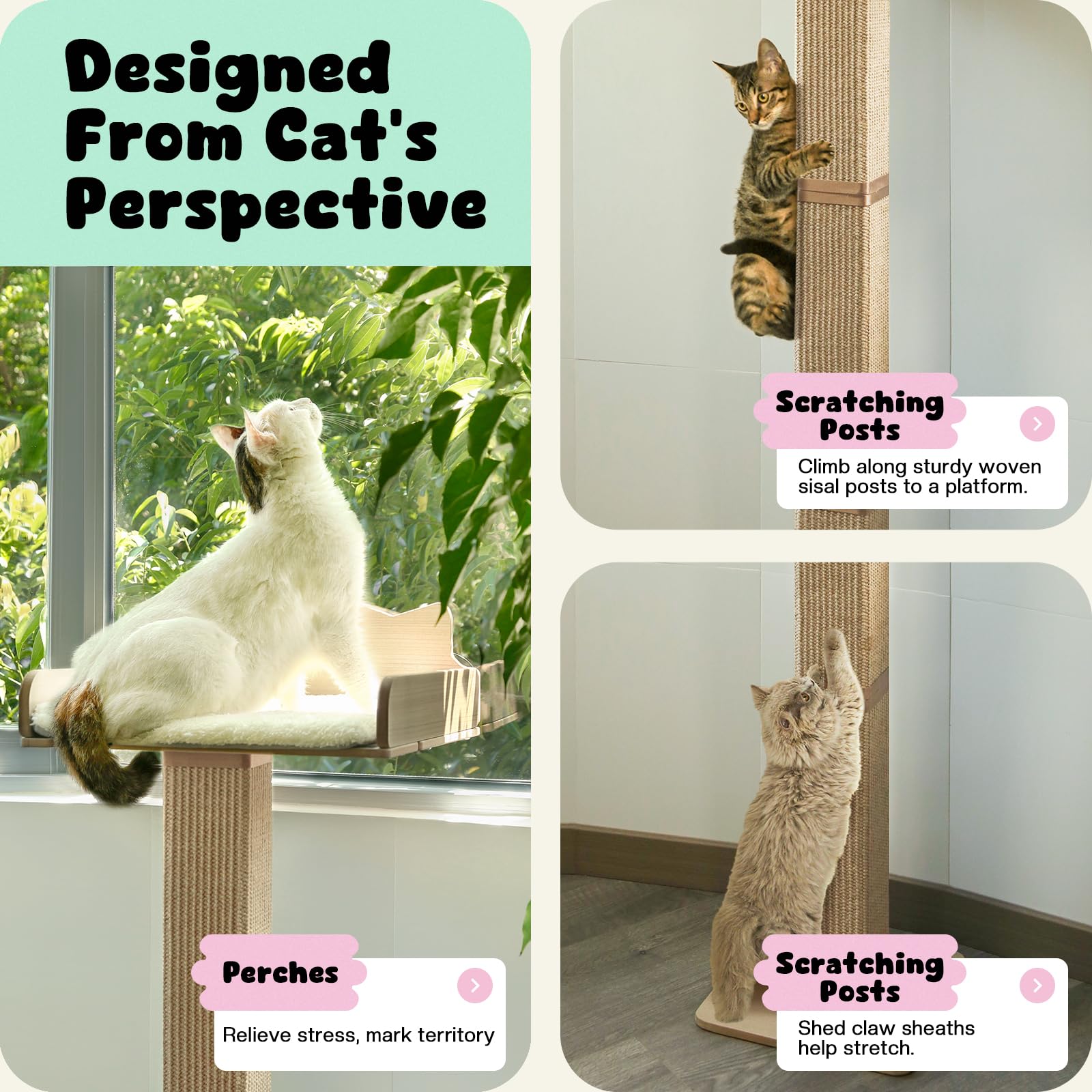Cat Window Perch With Scratching Post, Cats Hammock For Window With 3 Suction Cups, Sisal Tall Cat Scratching Post With Extra-La