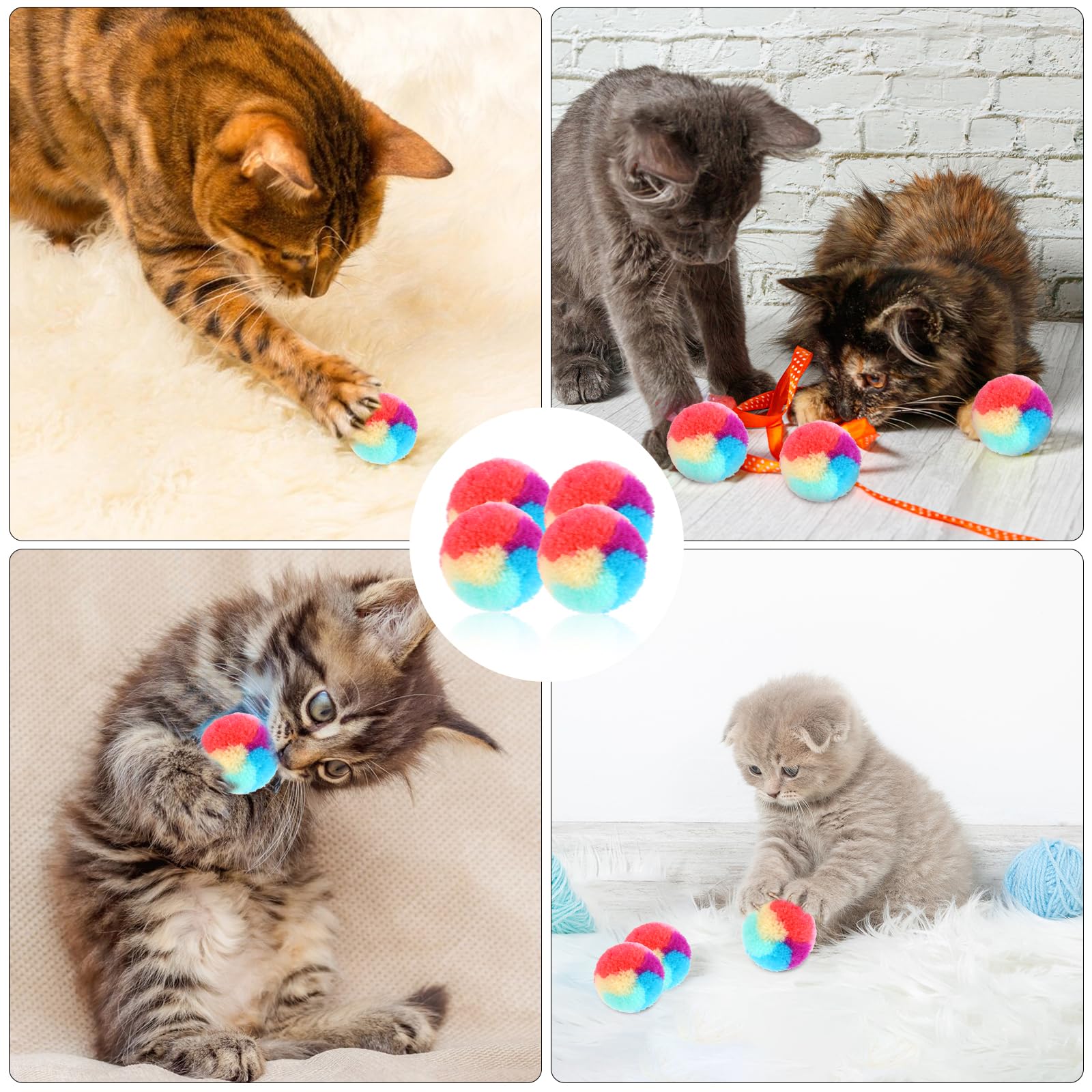 Kalione 30 Pcs Soft Plush Cat Ball 1.2-Inch Rainbow Cat Toy Balls Fuzzy Kitty Balls Kitten Puff Balls Colorful Cat Pom Pom Balls