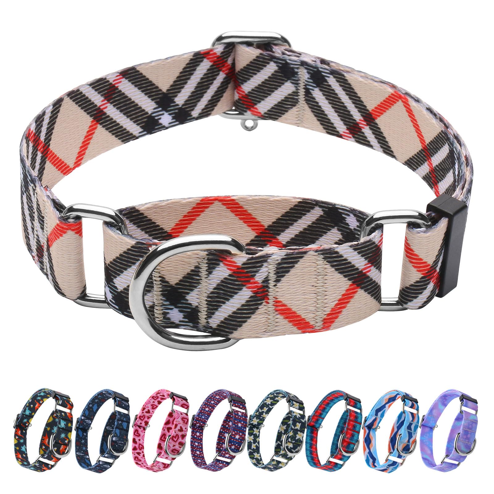 Hikiko Martingale Collar For Dogs With No Buckle Nylon Training Dog Collars For Medium Dogs,Khaki Plaid,M