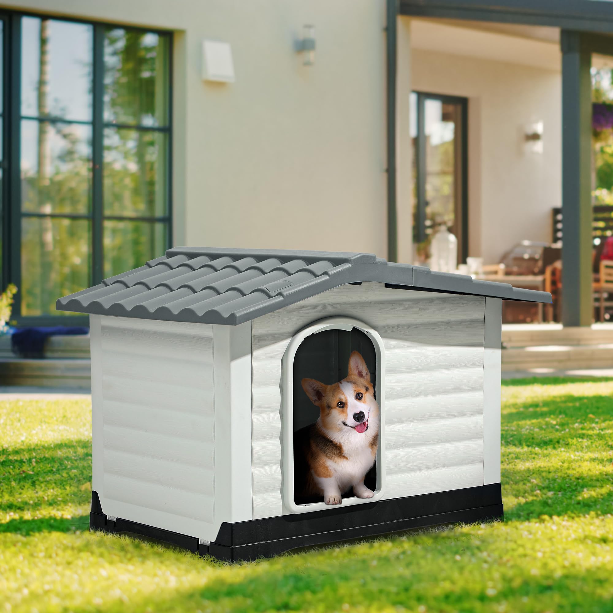 Yitahome 36'' Large Double Door Dog House With Porch & Cushion, Outdoor Plastic Doghouse With Elevated Base, Easy To Install, Wa