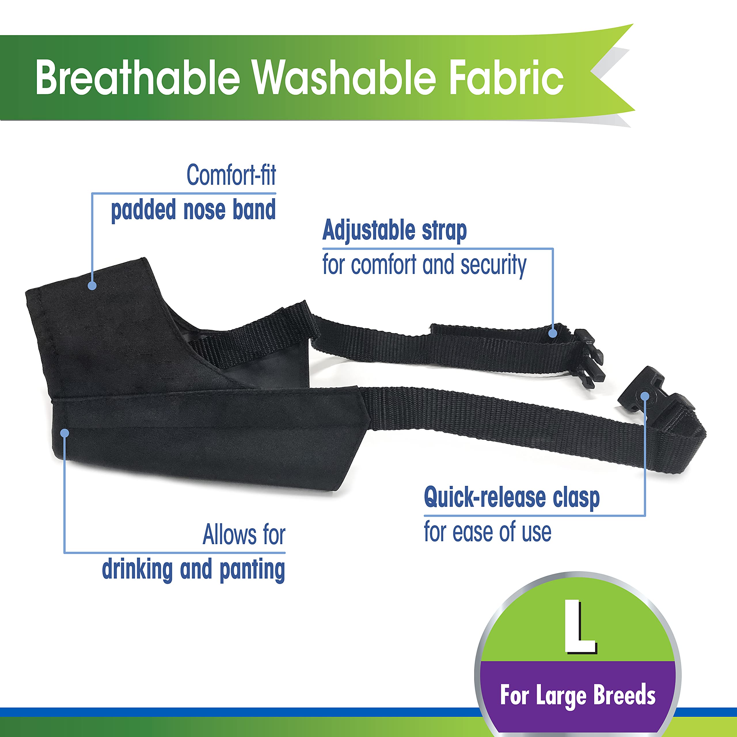 Four Paws Walk-About Quick-Fit Adjustable Dog Muzzle For Large Dogs, Washable & Breathable, Black, 1 Count