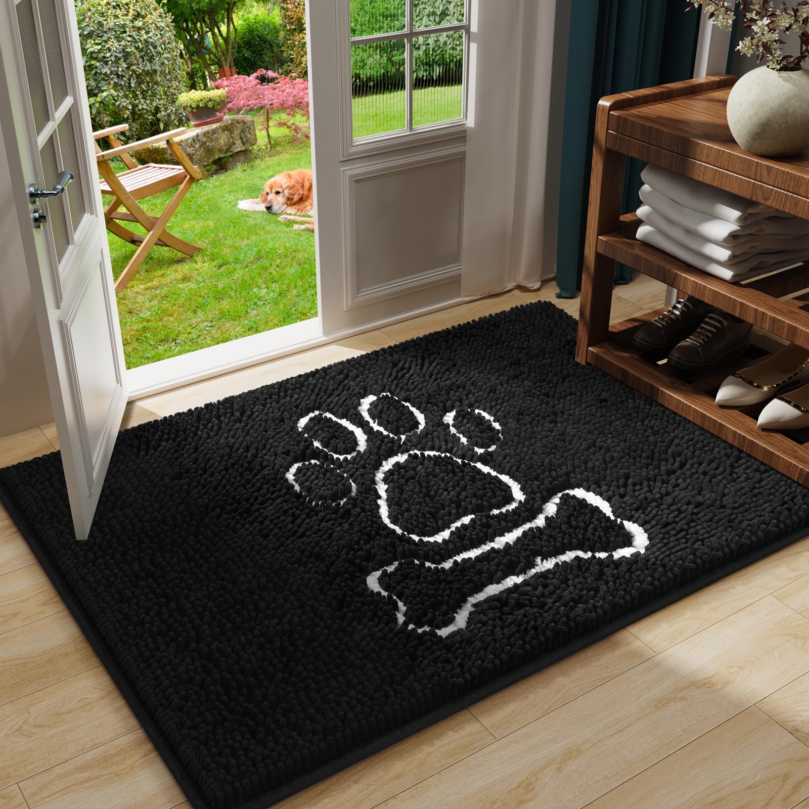 Arogan Chenille Doormats Black, Dog Indoor Entrance Mats, Washable Mud Entry Mats 30X48 Inch