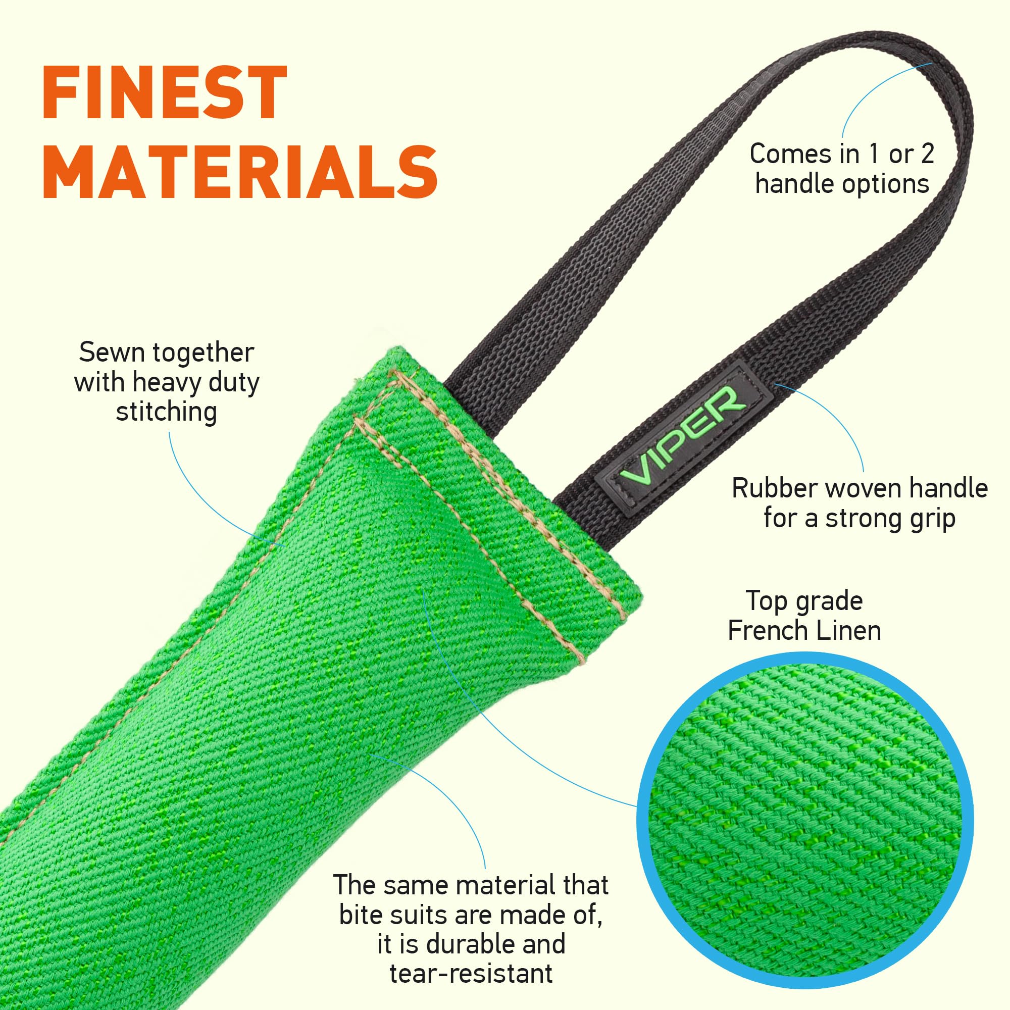 Viper Heavy Duty French Linen Dog Bite Tug Toy - K9 Trainer, Tough And Durable For Dogs Shutzhund Ipo K-9 - Green - 12In L X 2In