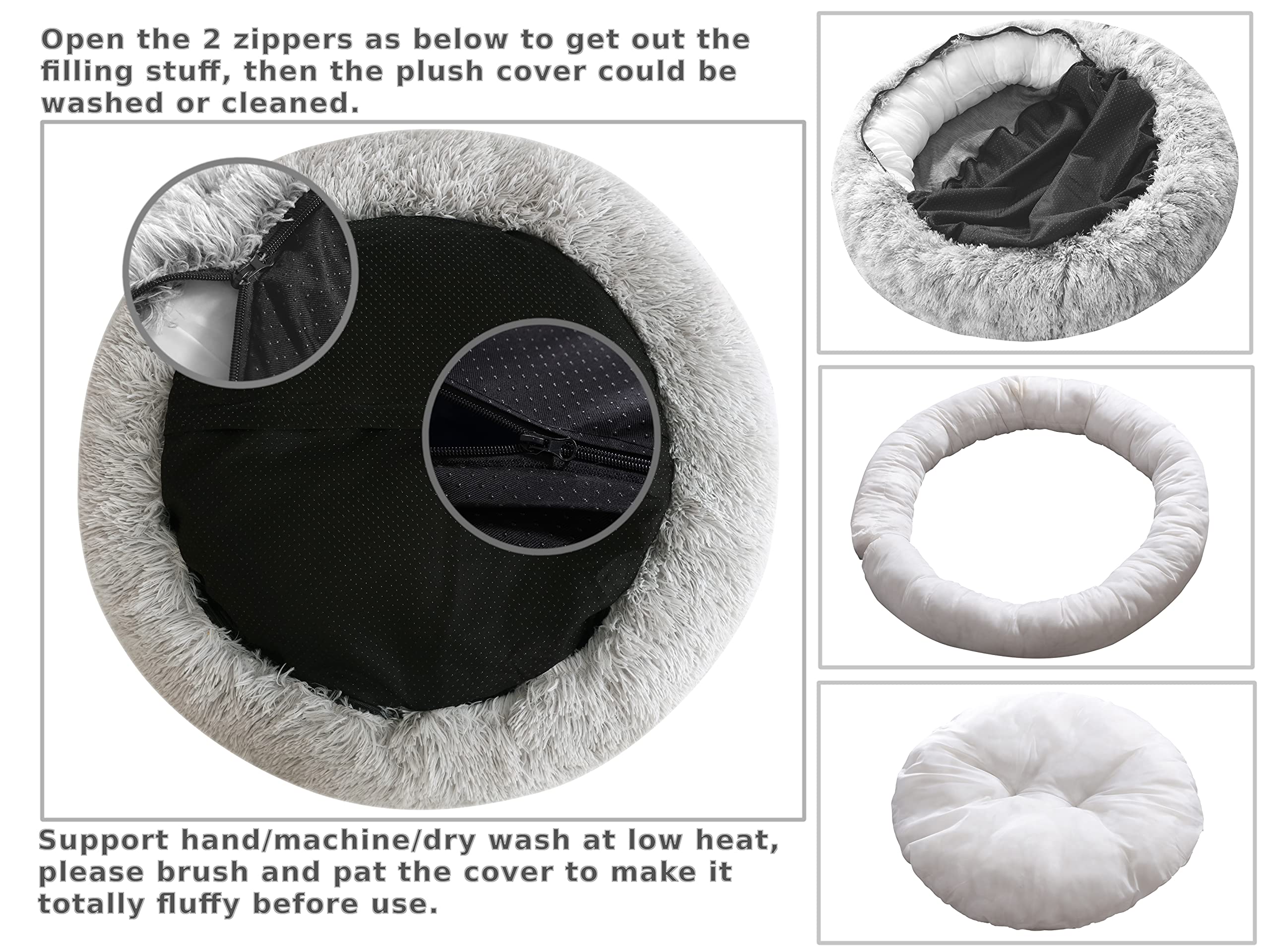 Comlax Calming Donut Dog Beds, 45 Inches Round Cushion With Removable Washable Cover, Anti-Anxiety Faux Fur Cuddler, Fluffy Comf
