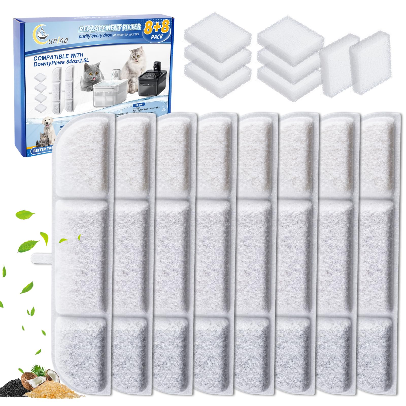Cunina 8+8 Packs Cat Water Fountain Filter Replacement Compatible With Downypaws Dpwfp6, 16 Pieces