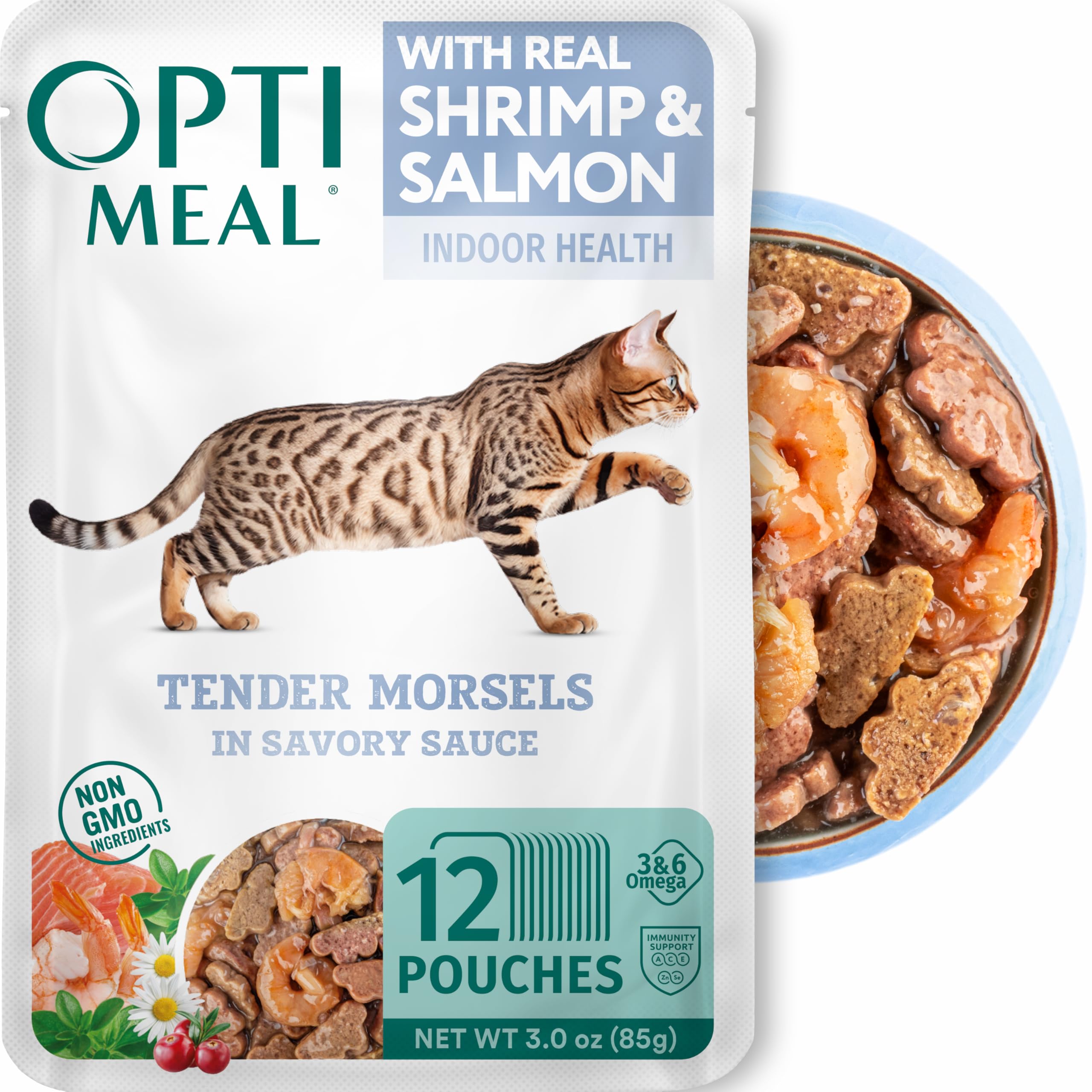Optimeal Grain-Free Wet Cat Food Pouches - Shrimp & Salmon in Savory Gravy, High Protein & Moisture-Rich Tender Morsels, Indoor 