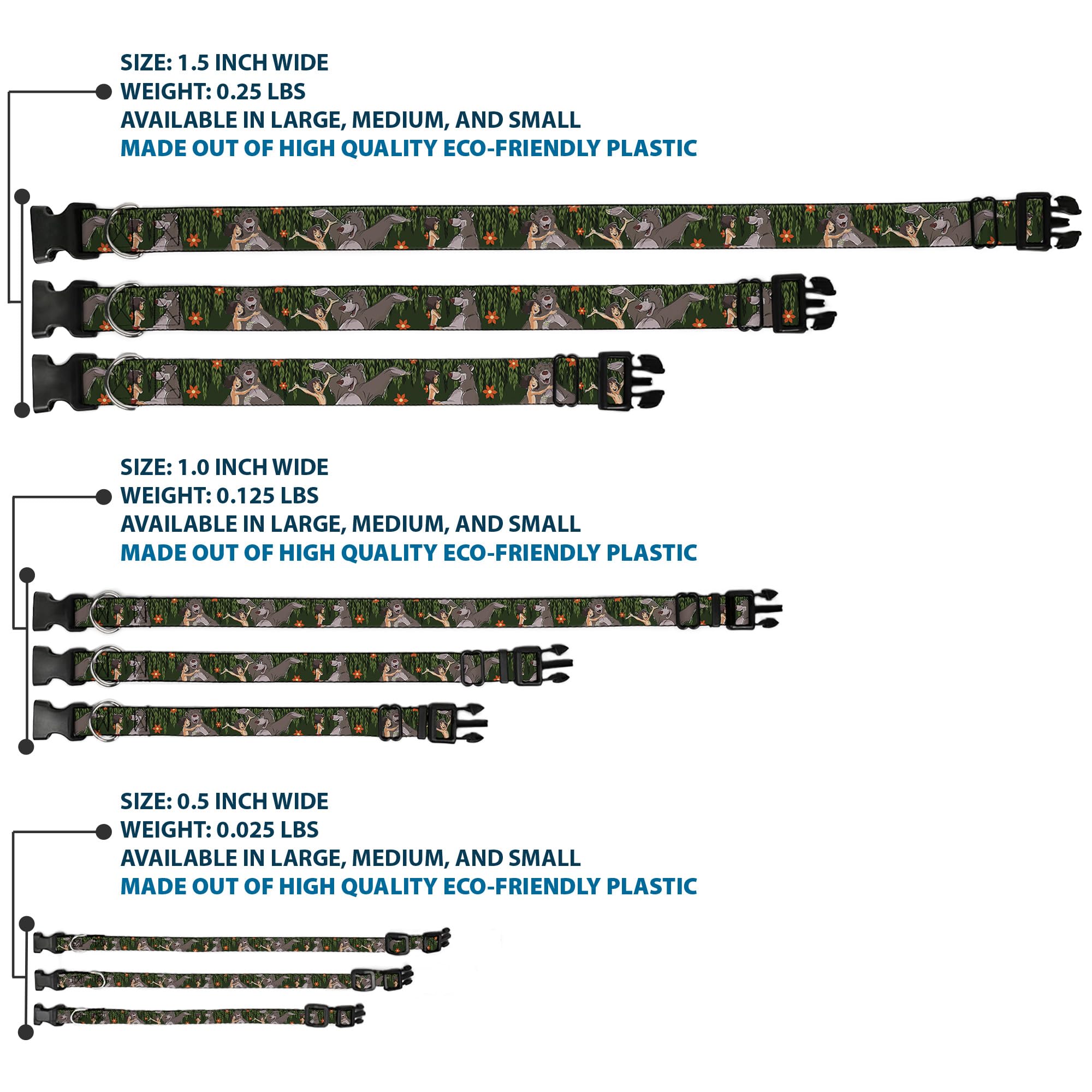 Buckle-Down Plastic Clip Collar - Mowgli & Baloo 3-Poses Leaves/Flowers Greens/Orange - 1' Wide - Fits 9-15' Neck - Small