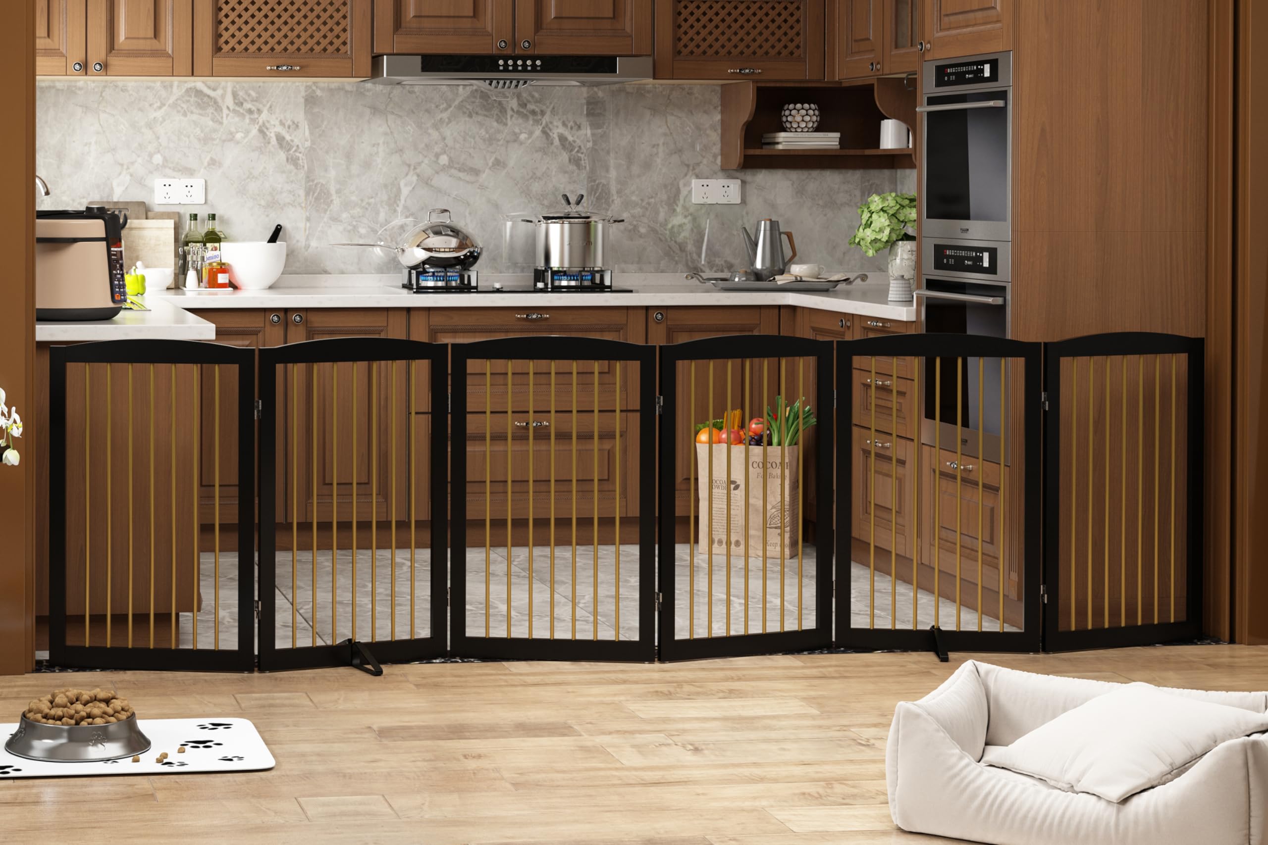 PUPETPO Freestanding Pet Gate for Dogs, Indoor Wooden Dog Gate for House, Extra Wide Foldable Dog Gate for Stair, Doorway, Hall,