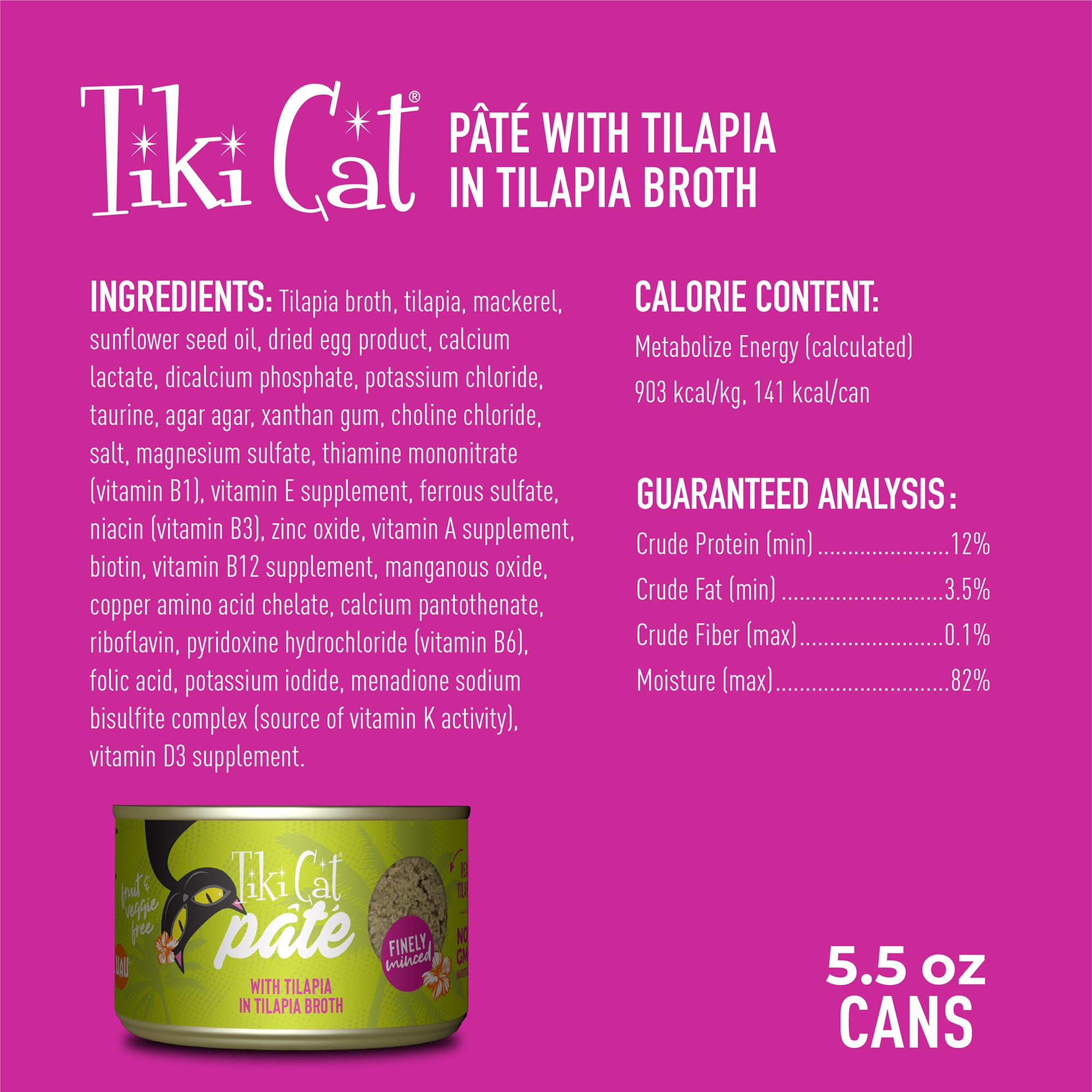 Tiki Cat Luau Pate, Tilapia Recipe in Tilapia Consumme, Grain-Free Balanced Nutrition Wet Canned Cat Food, for All Life Stages,