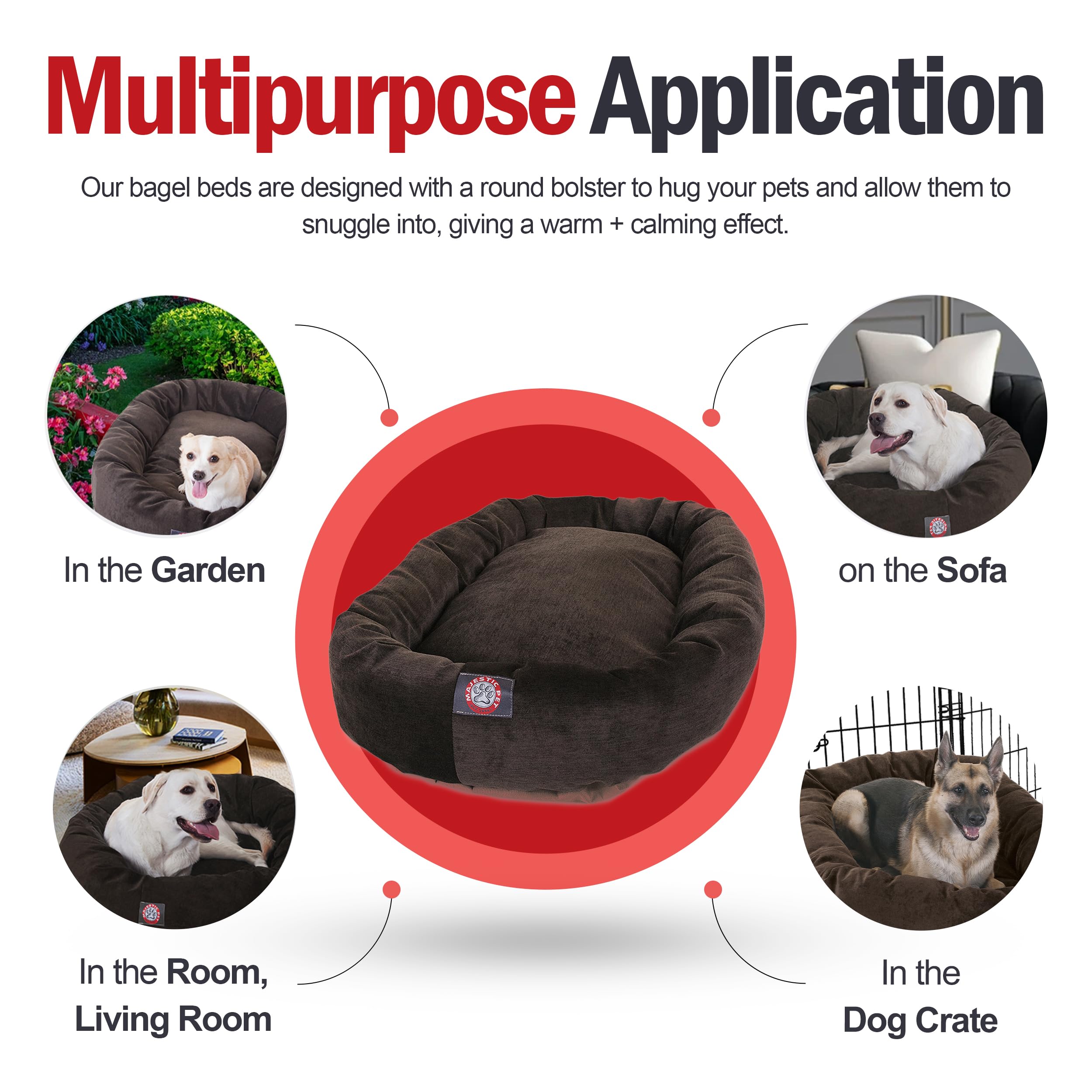 Majestic Pet 40 Inch Micro Velvet Calming Dog Bed Washable – Cozy Soft Round Dog Bed With Spine For Head Support - Fluffy Donut Dog Bed 40X29X9 (Inch) – Round Pet Bed Large – Storm