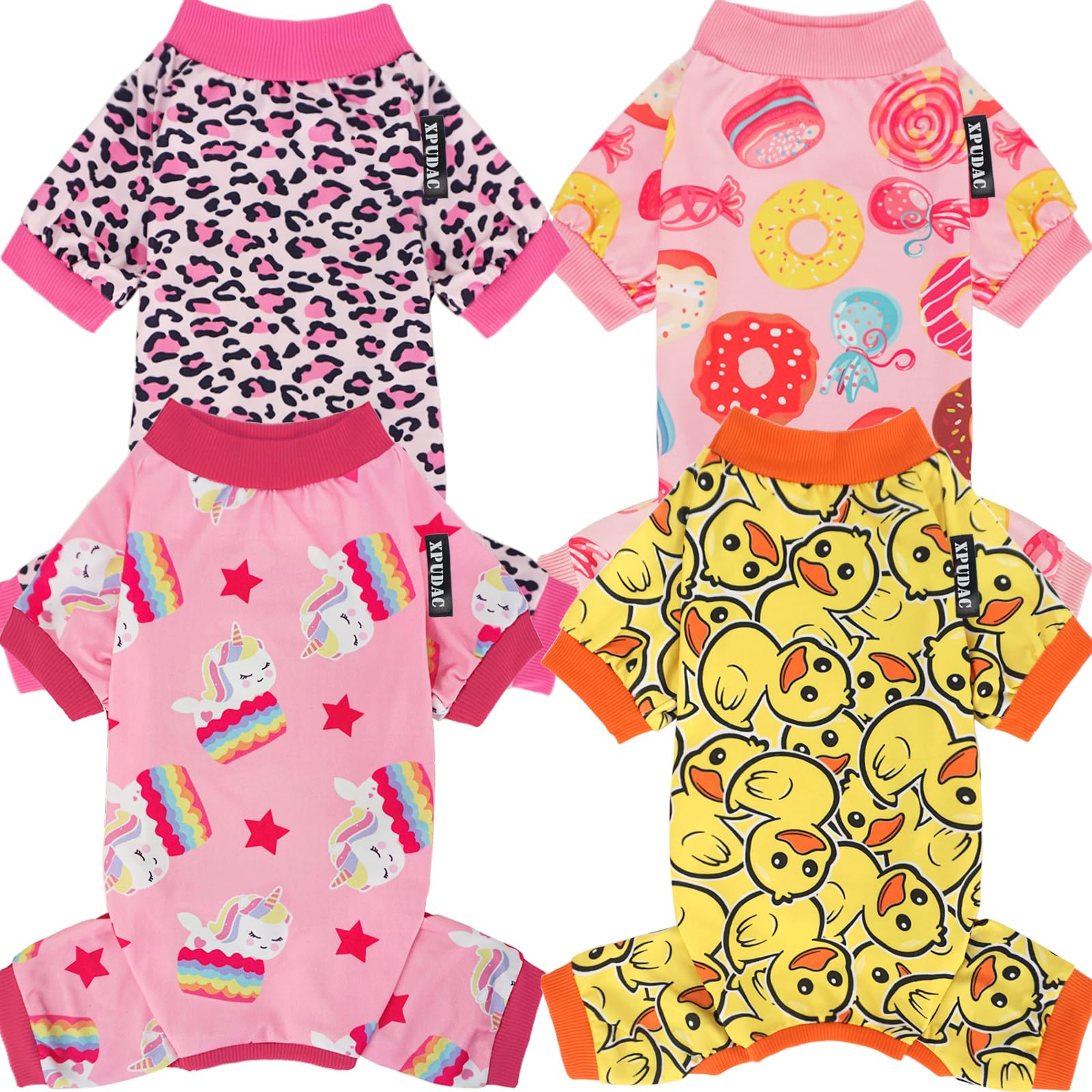 Xpudac 4 Pack Dog Pajamas Soft Strechy Duck Pink Print Puppy Clothes For Small Medium Dogs Girl Boy Cat Apparel-Medium