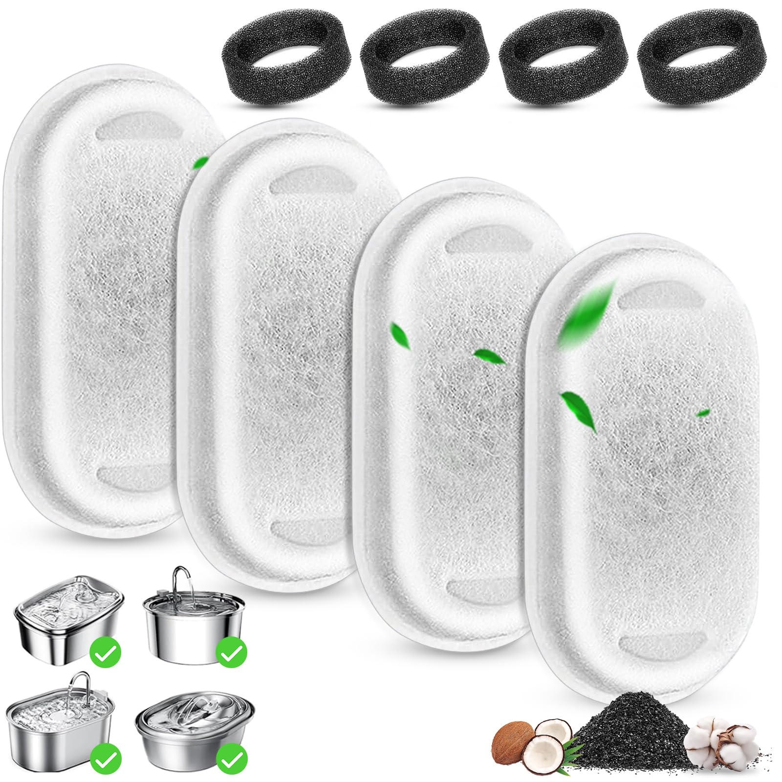Cat Water Fountain Filter, 4 Pcs Cat Filters Replacement Pet Water Fountain Filters with 4 Pcs Sponges Foam for 67oz/2L & 108oz/