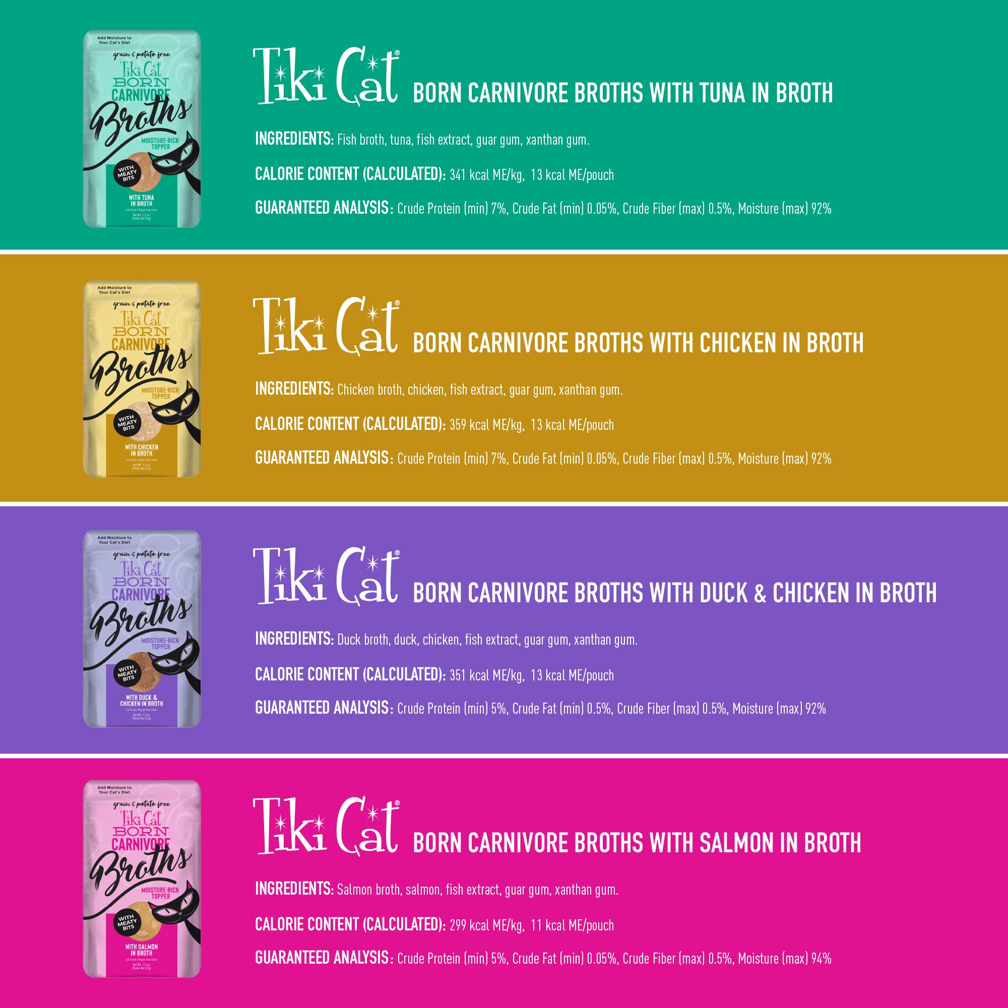 Tiki Cat Born Carnivore Broths Variety Pack, Meaty Bites, Hydration and Flavor Supplement Wet Cat Food Topper, 1.3 oz. Pouch (Pa