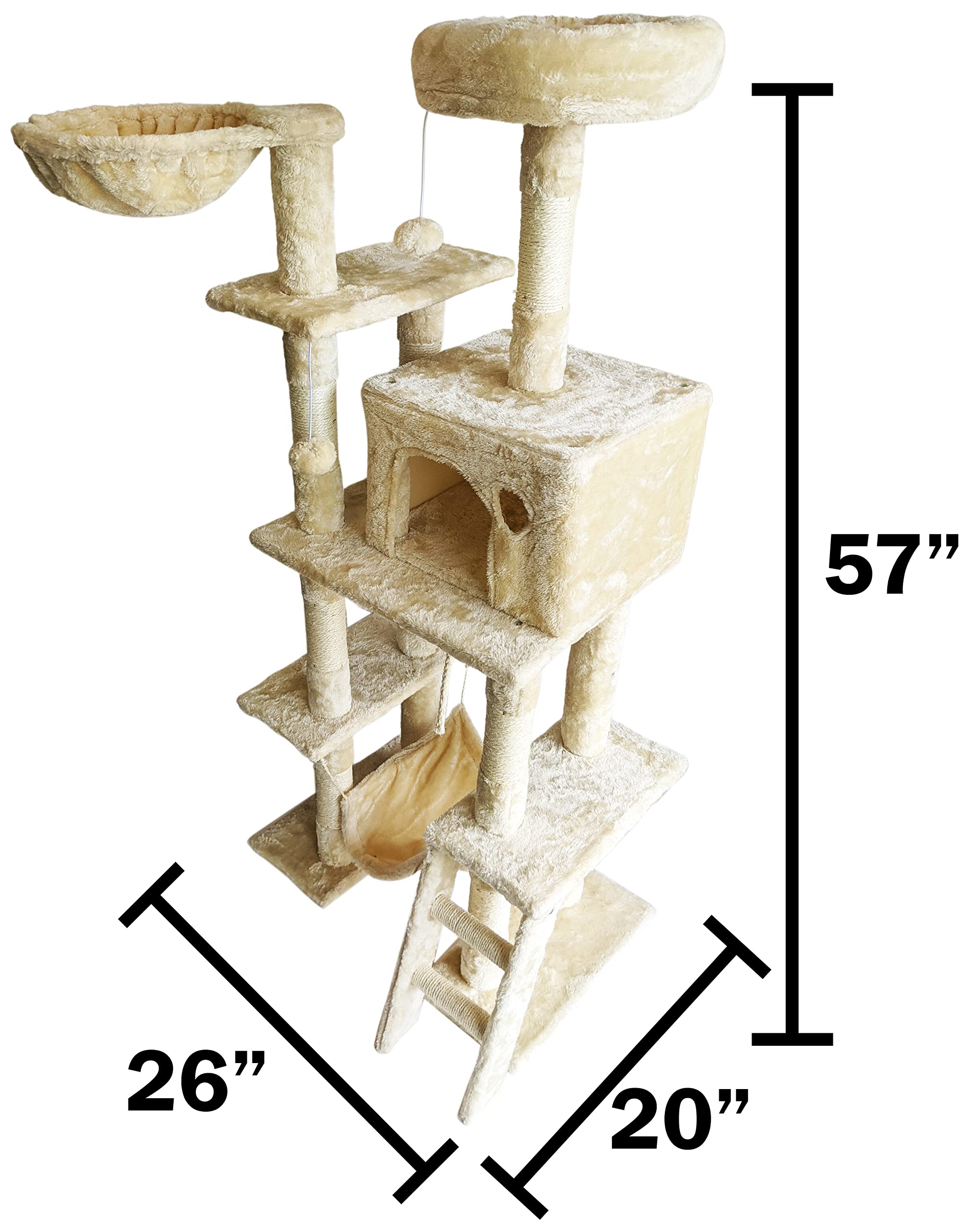 Beige Cat Tree Tower For Indoor Cats & Kittens, 57' Tall Multi-Level With Comfy Perch & Basket, Hideaway Condo, Sisel Scratcher Posts & Ladder, Ball Toys, & Dangling Rope - By Sciencepurchase