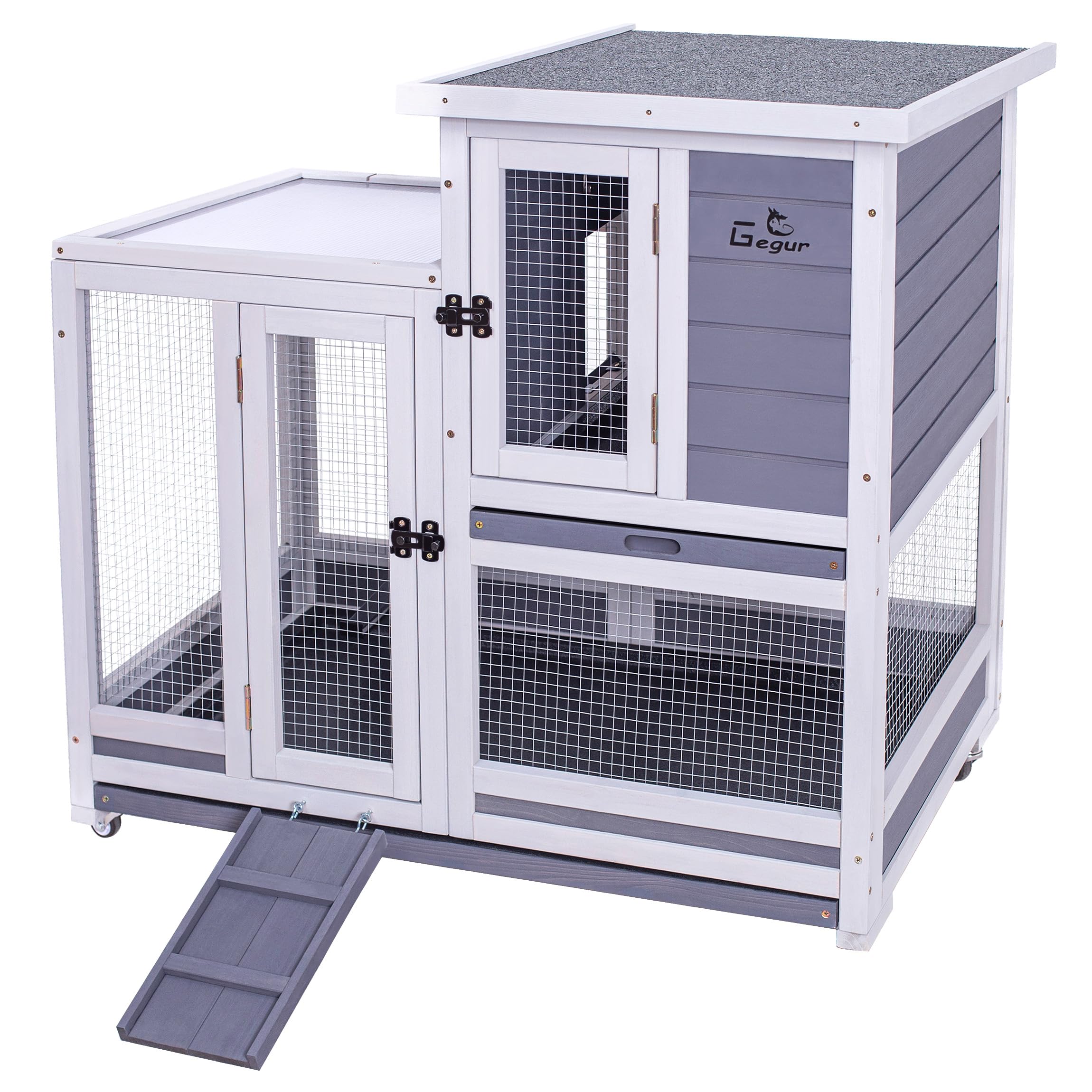 Geguri Rabbit Hutch, Two-Story Indoor Bunny Cage, Outdoor Guinea Pig Cages For Small Animals With Wheels, Removable Tray