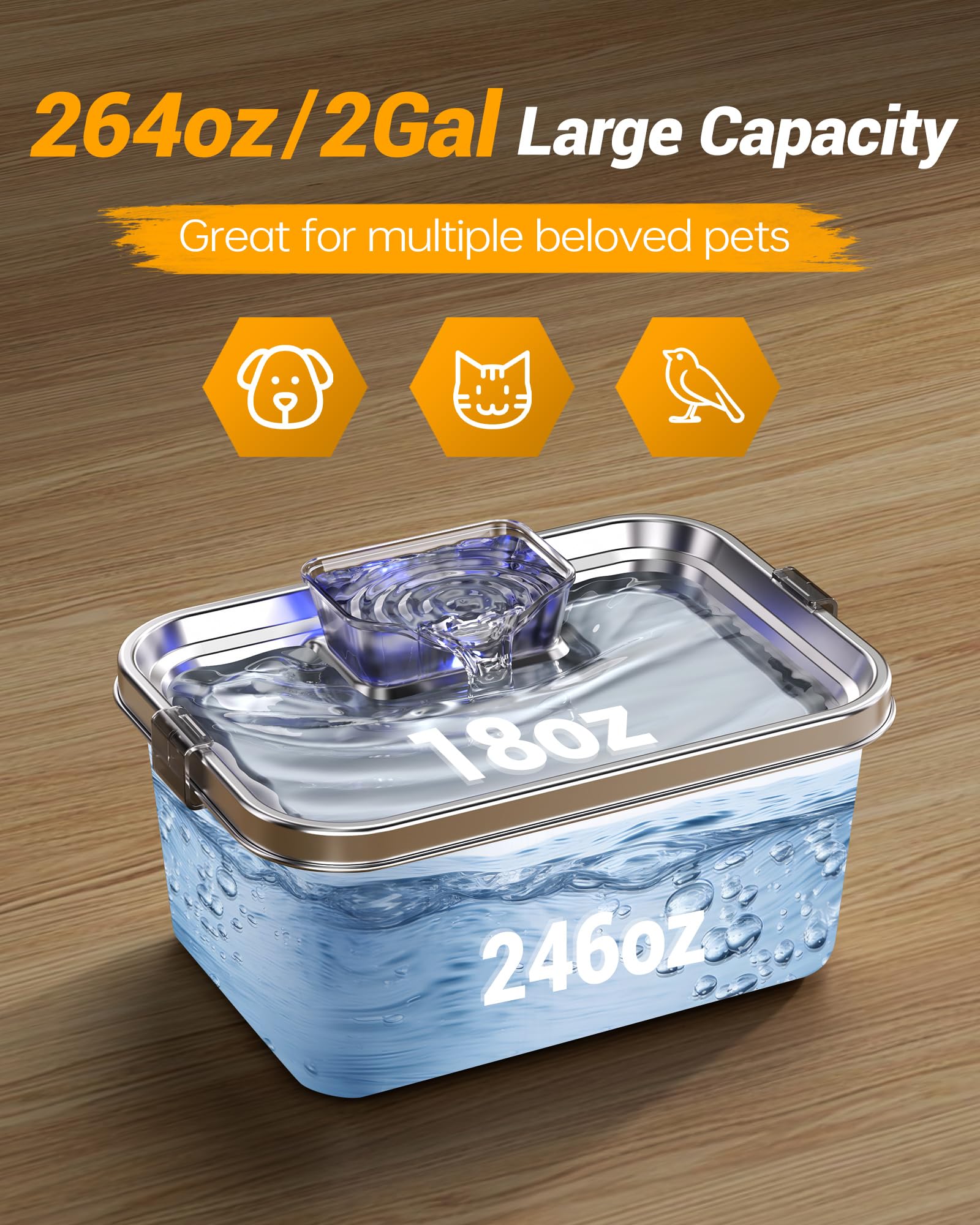 Pethind Dog Water Fountain 2Gal/264Oz Stainless Steel Pet Fountain For Large Dogs With 3 Filters Ultra Quiet Pump Easy To Clean