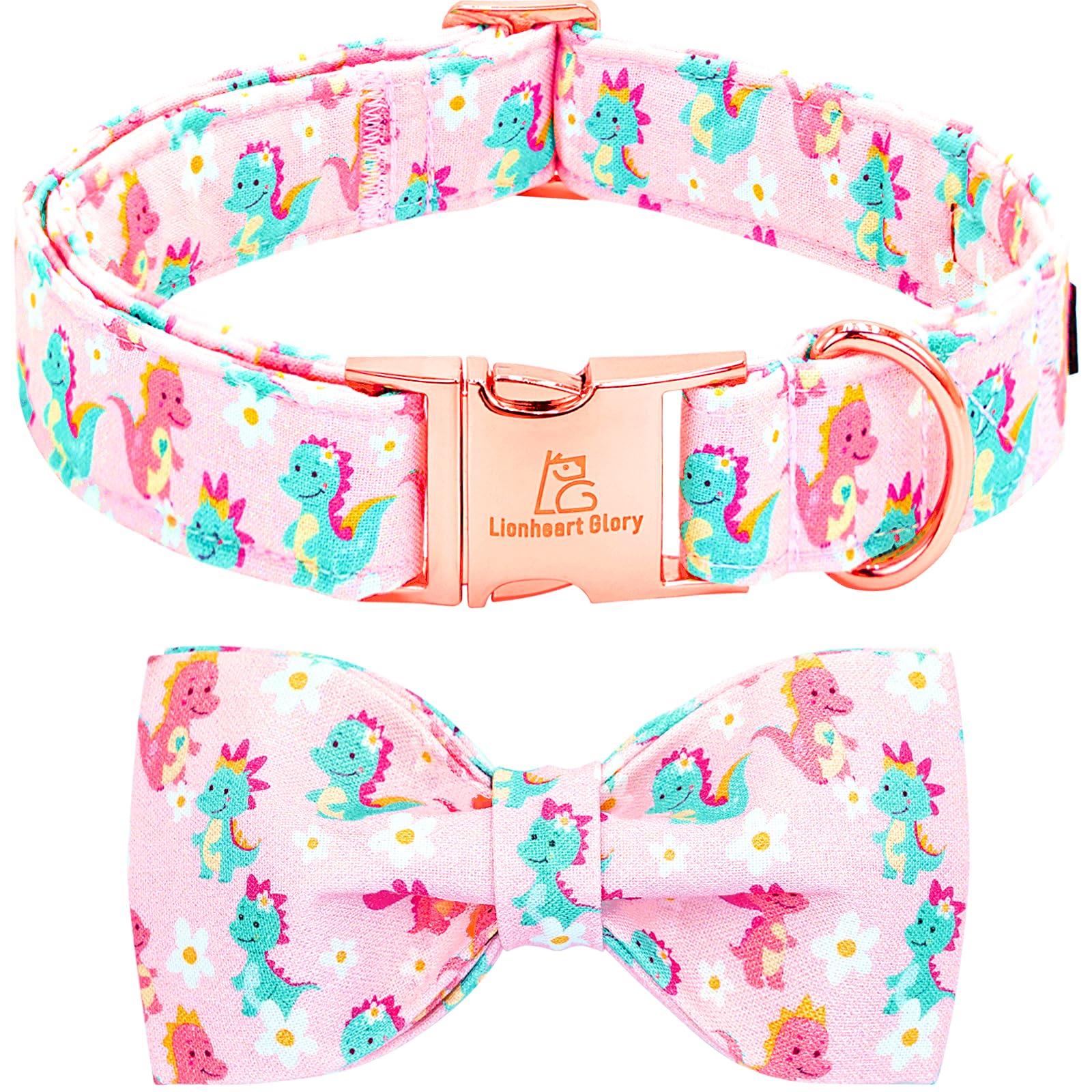 Lionheart Glory Dog Bow Collar Dinosaurs Pattern Cute Collars For Medium Dogs,Soft Duty Adjustable Dog Collar With Bowtie Spring