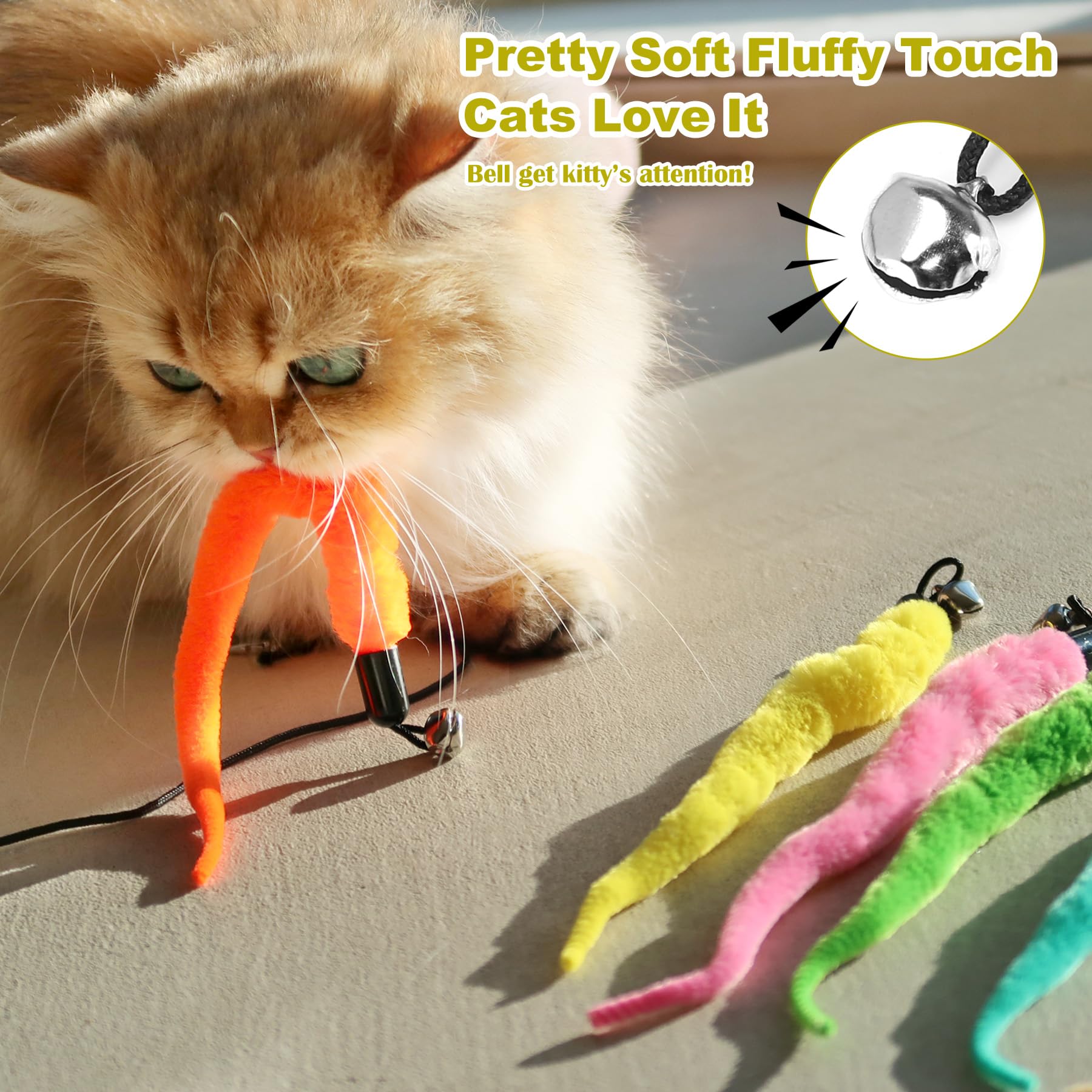 Meohui Cat Wand Toys Refills, Cat Feather Toys Accessories, 10Pcs Squiggly Worms Replacements And 1Pc Replacement String For Cat Fishing Pole, Assorted Teaser Refills With Bell For Indoor Cats Kitten