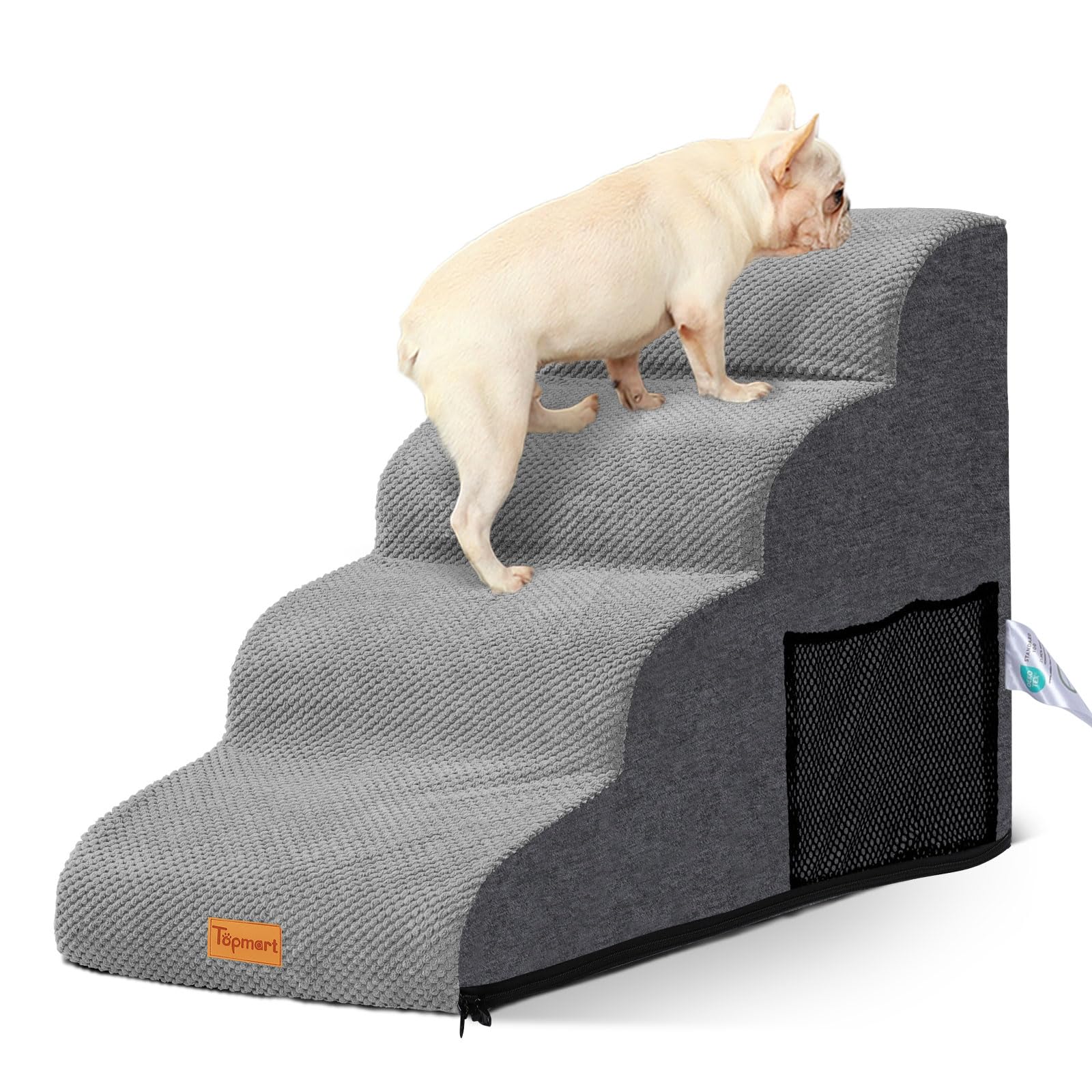 Dog Stairs For Small Dogs,4-Step,Foam Dog Steps&Ramps For Couch/High Beds With Waterproof &Removable Cover, Non-Slip, Grey