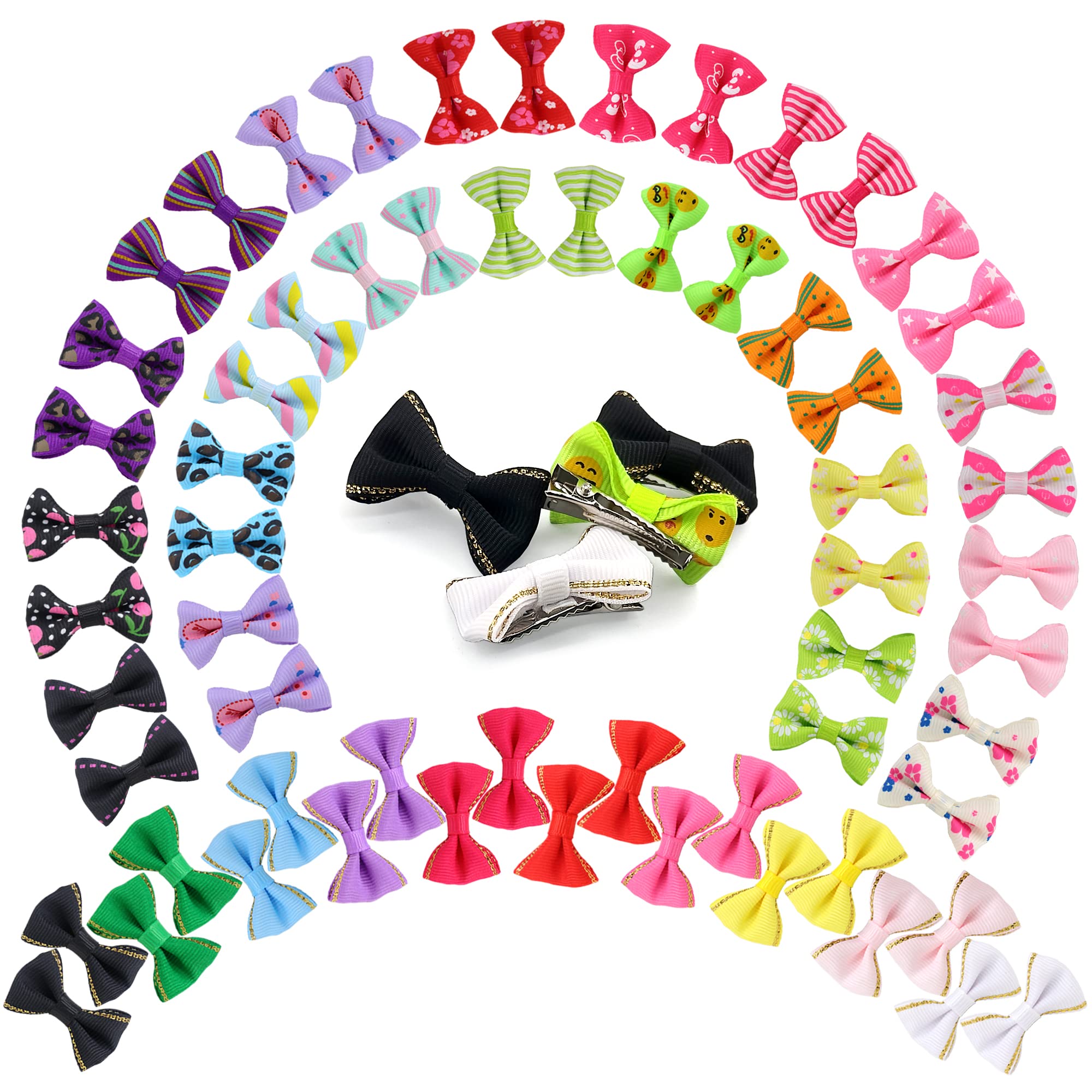 Yaka 60Pcs (30 Paris) Cute Puppy Dog Small Bowknot Hair Bows With Metal Clips Handmade Hair Accessories Bow Pet Grooming Products (60 Pcs,Cute Patterns)