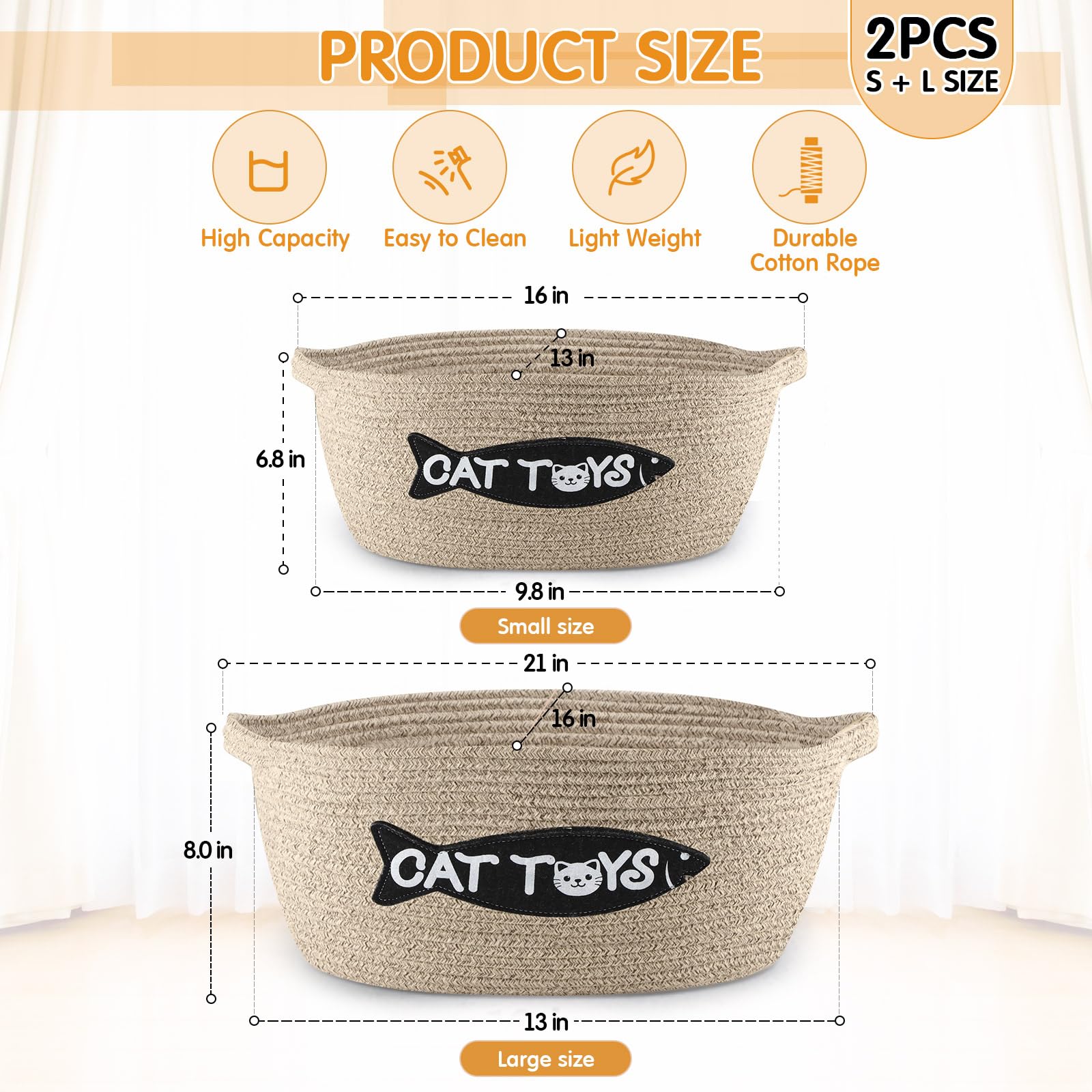 Teenyyou 2 Pcs Cat Toy Basket Multi-Size Chew Proof Cotton Rope Pet Interactive Toys Bin Storage Box Organizer For Cat Treats Cl