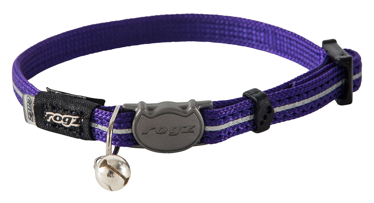 Rogz Reflective Nylon Cat Collar With Breakaway Clip And Removable Bell, Fully Adjustable To Fit Most Breeds, Purple