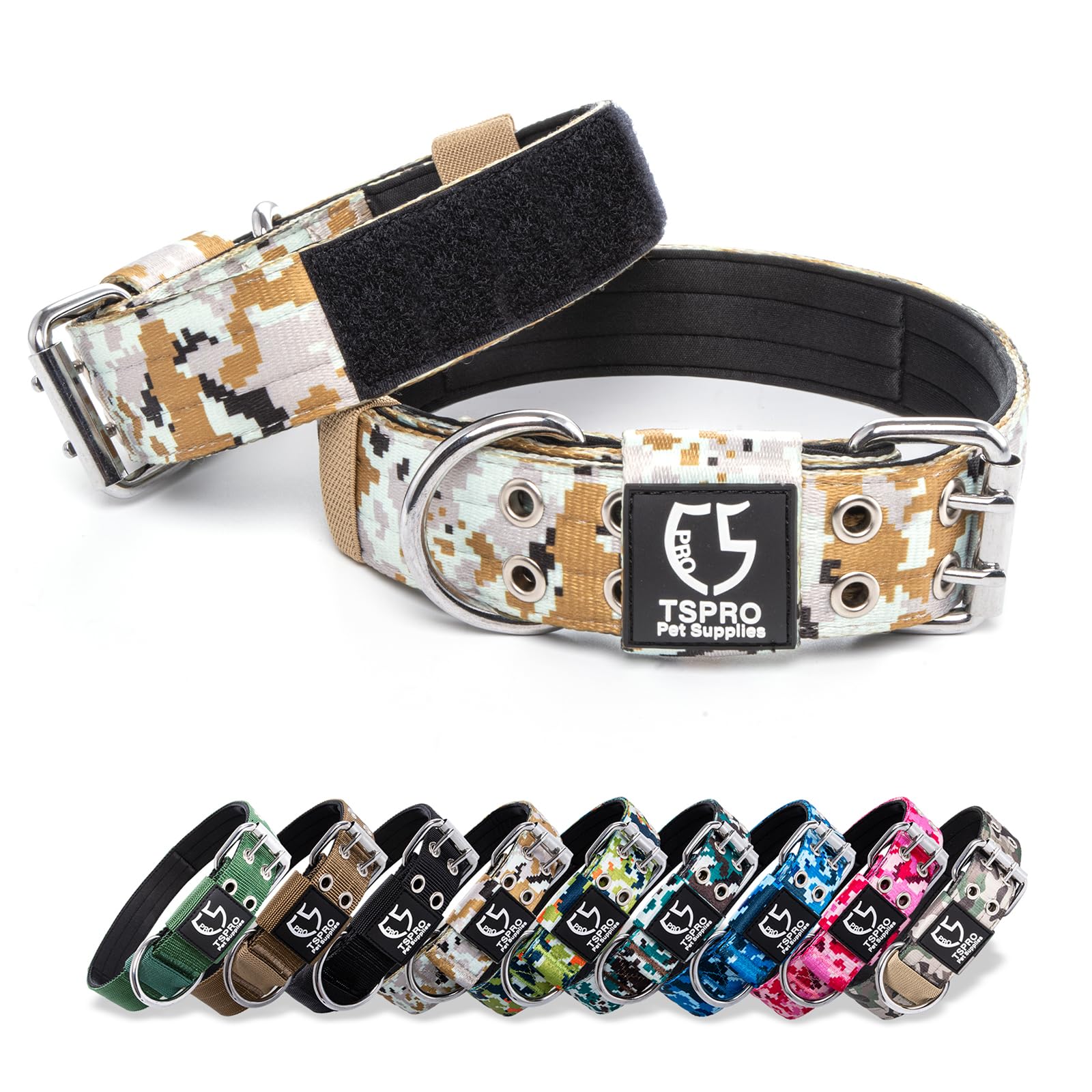 TSPRO Tactical Dog Collar - Camo Khaki, M(45-55CM), Polyester, Military Style with Metal Buckle & USA Flag Patch for Medium Large Dogs