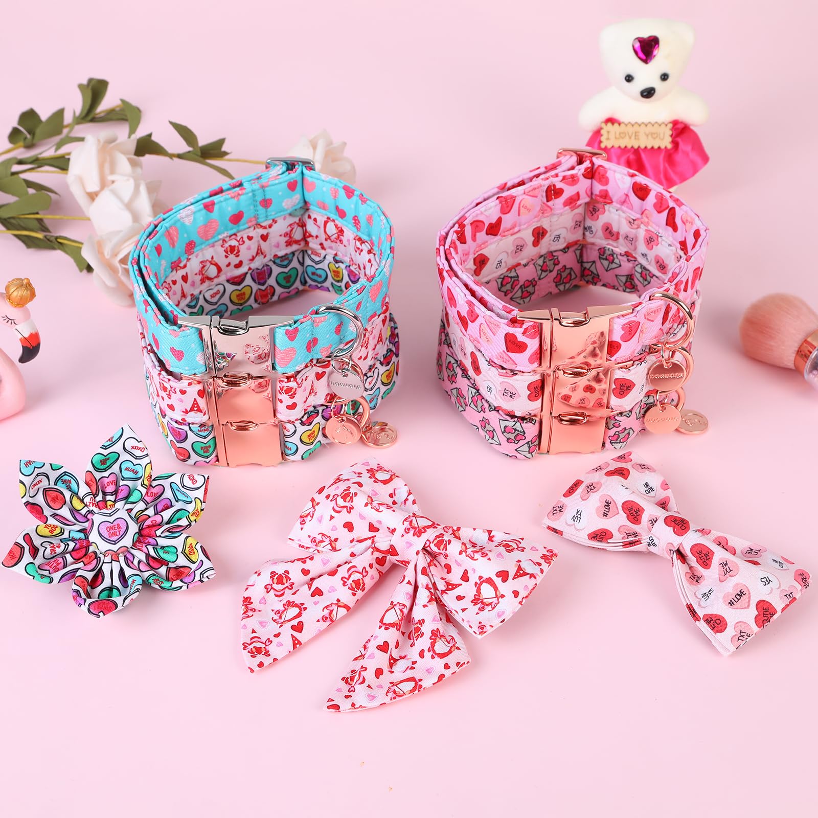Dogwong Valentine'S Dog Collar With Flower, Blue Heart Bowtie Dog Collar, Adjustable Durable Pink Heart Dog Collar Cute Dog Coll