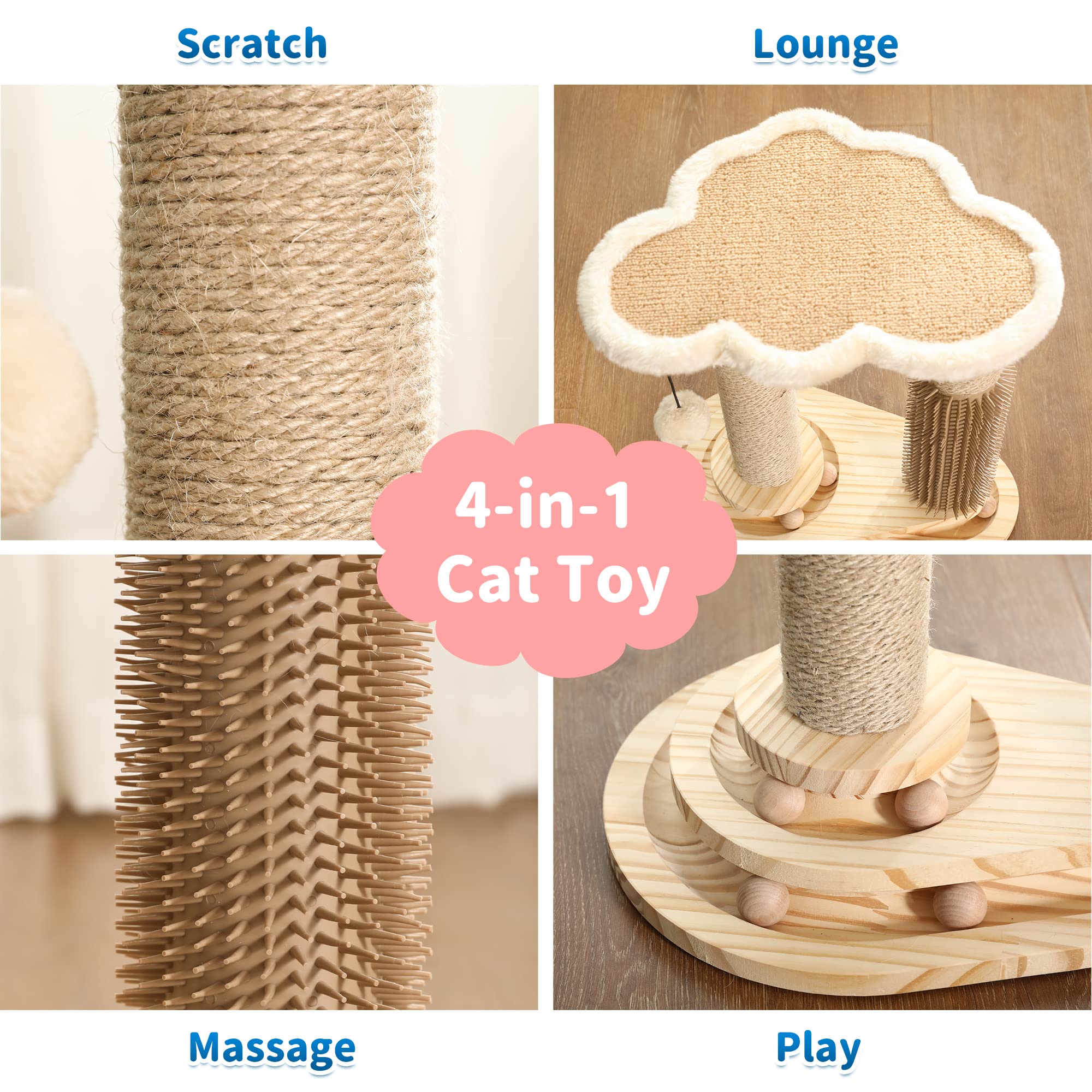 Made4Pets Cat Scratching Post, Cat Self Groomer For Indoor Cats, Cloud Soft Perch For Rest, 17.5' Tall Natural Sisal Scratcher Cat Grooming Interactive Ball Track Toys For Small Cats Kittens