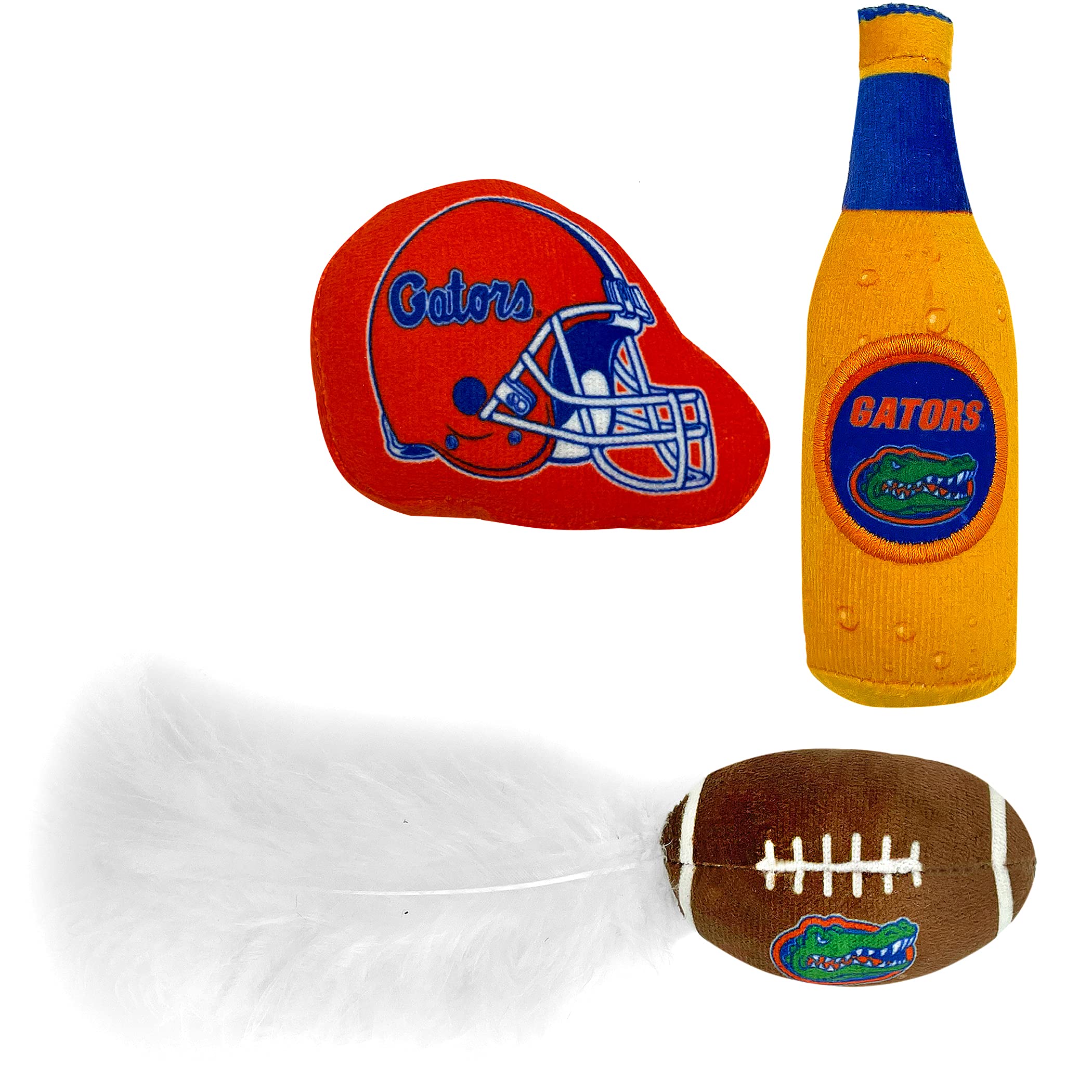 Best Plush Cat Toy - Ncaa Florida Gators Complete Set Of 3 Piece Cat Toys Filled With Fresh Catnip. Includes: 1 Helmet Cat Toy, 1 Football Cat Toy With Feathers & 1 Beer Bottle. Beautiful Team Logos