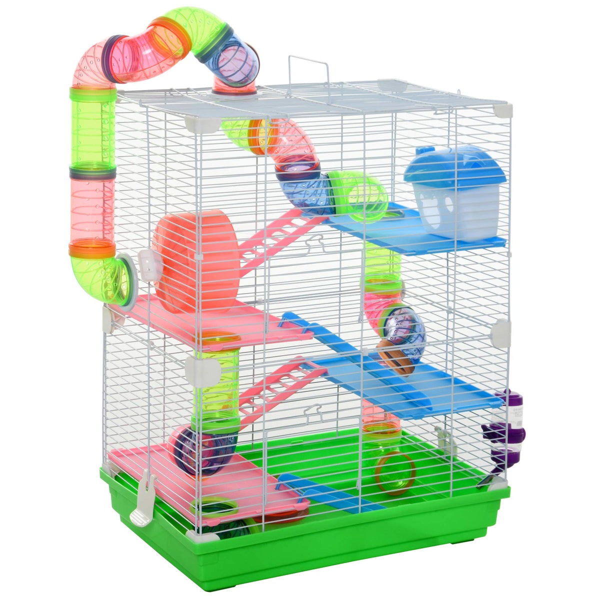 Pawhut Cage For Hamster Chalet For 5 Plants Hamster With Ladder Feeder Wheel And Tunnel Accessories Included 46 X 30 X 58 Cm Green And White