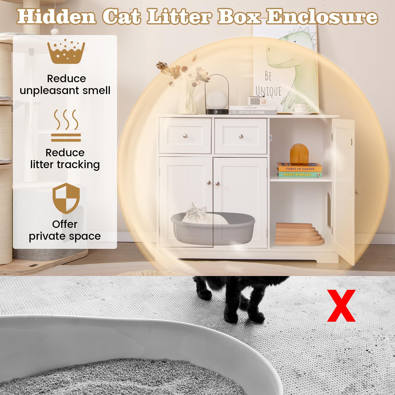 PETSITE White Cat Litter Box Enclosure, Modern Hidden Litter Box Furniture Side Cabinet with 2 Drawers, 3 Doors, and Anti-toppli