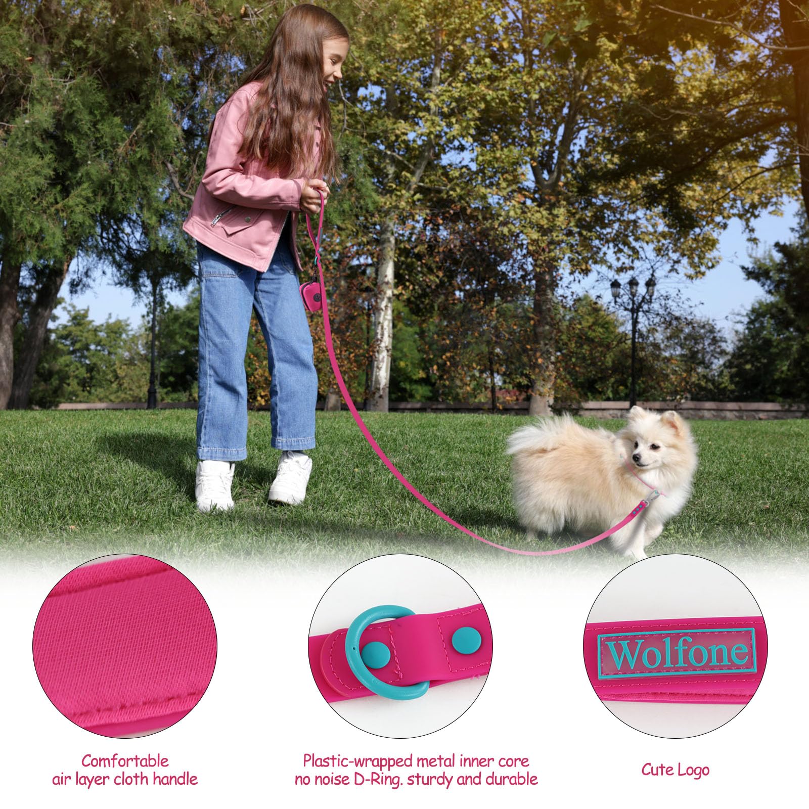 Wolfone 6Ft Safety Auto-Lock Carabiner Dog Leash Soft Handle Waterproof Cute Colored Leash For Dogs Pink Peacock