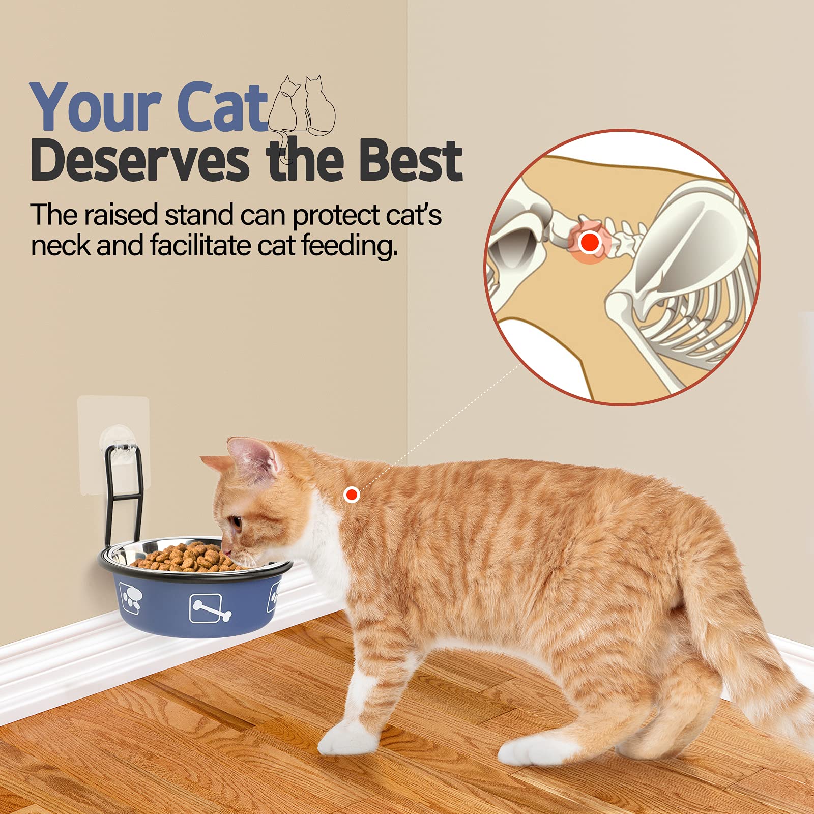 Torlam Cat Feeder, Wall Mounted, Raised Stainless Steel Bowls with Stand, Nonslip No Spill, 2 Packs (Blue)