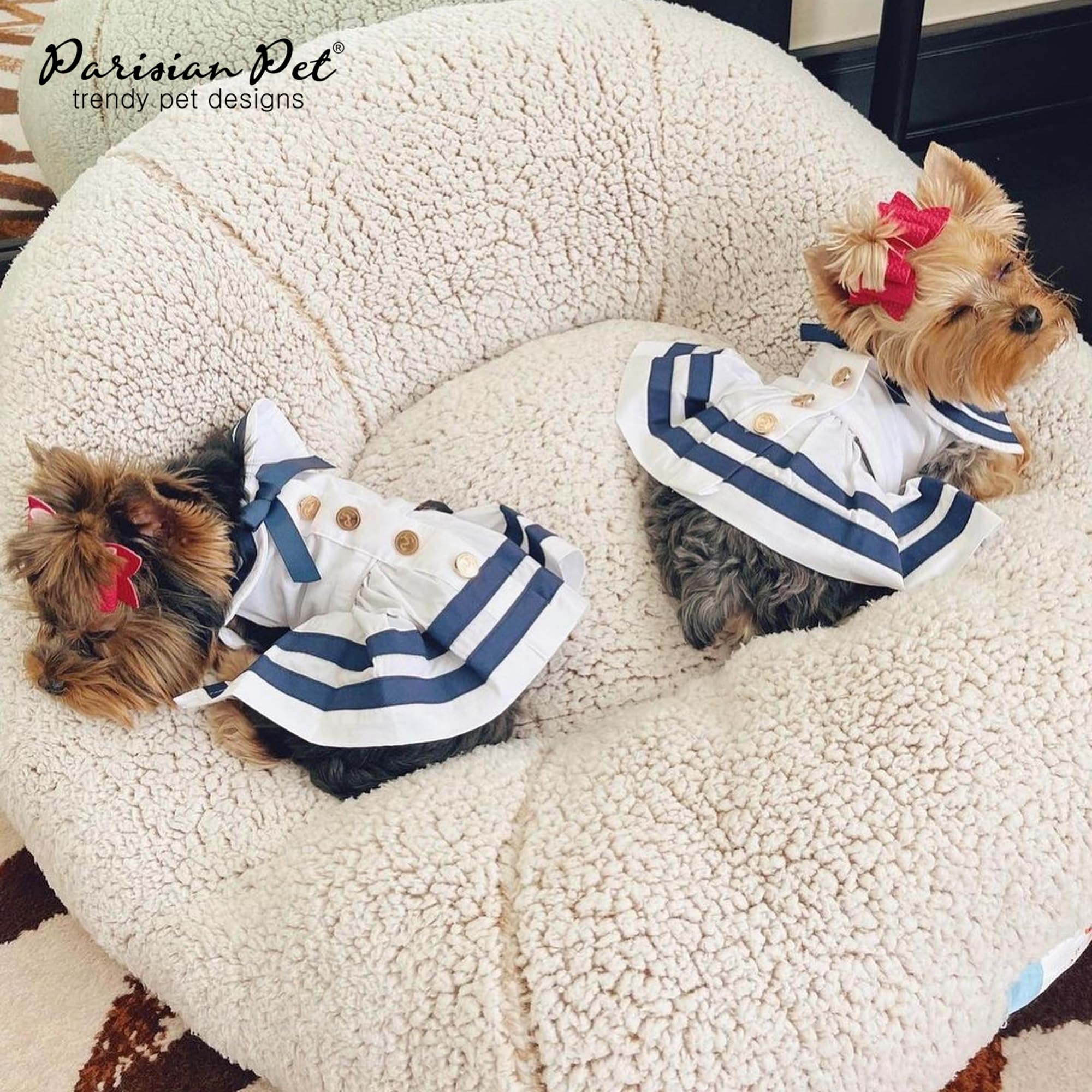 Parisian Pet Dog Dress - Lightweight Sailor Outfit - Breathable Summer Clothes - Pure Cotton White & Blue Dressy Outfit - Medium