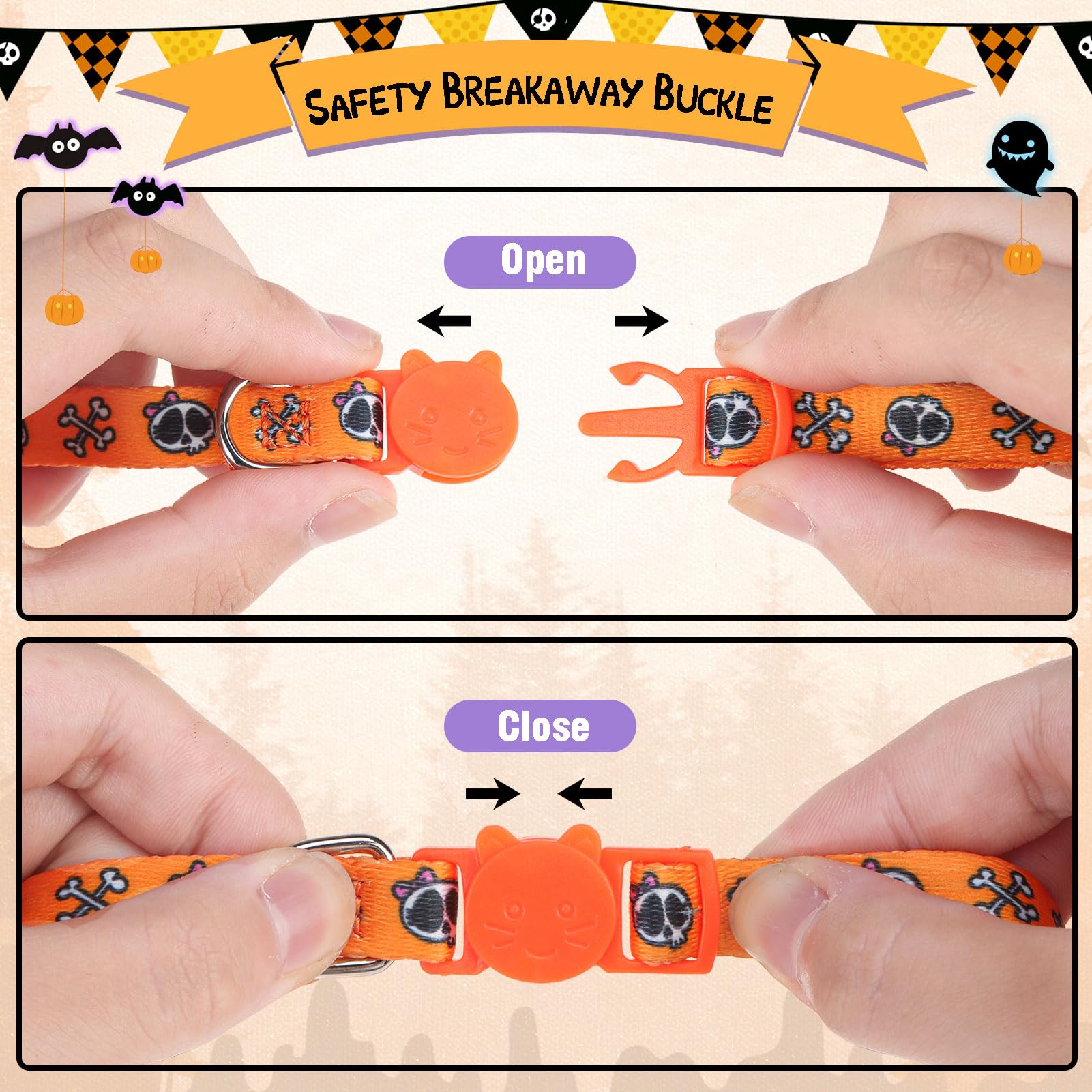 Pupteck Cute Breakaway Cat Collar With Bell Charm, 2 Packs Adjustable Kitty Collars Purple & Orange Skull Pattern