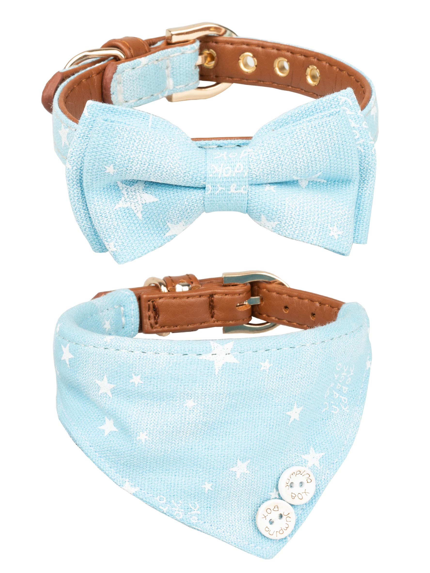 Gyapet Small Dog Collar Puppy Cat Tiny Pet Bow Tie & Bandana 2Pcs Set Pu Leather Canvas Scarf Durable Blue Stars